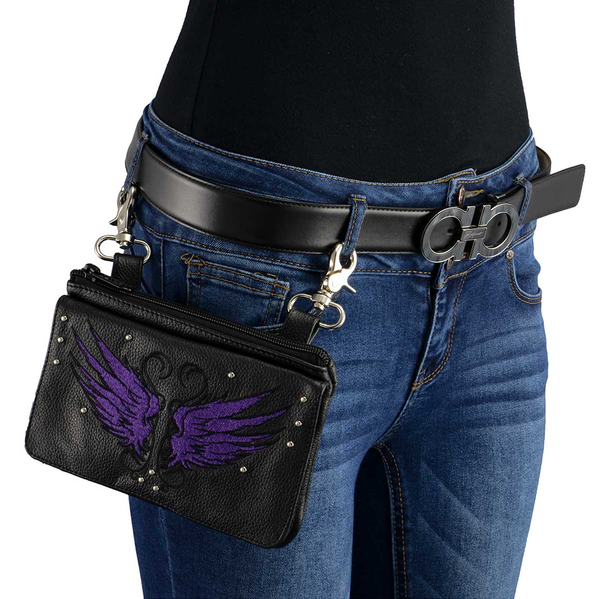 Milwaukee Leather MP8850 Ladies Leather 'Winged' Black and Purple Multi Pocket Belt Bag - Image 3
