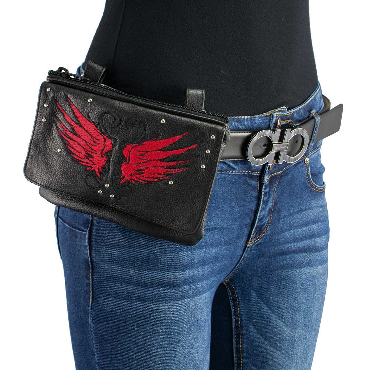 Milwaukee Leather MP8850 Ladies 'Winged' Leather Black and Red Multi Pocket Belt Bag - Image 2