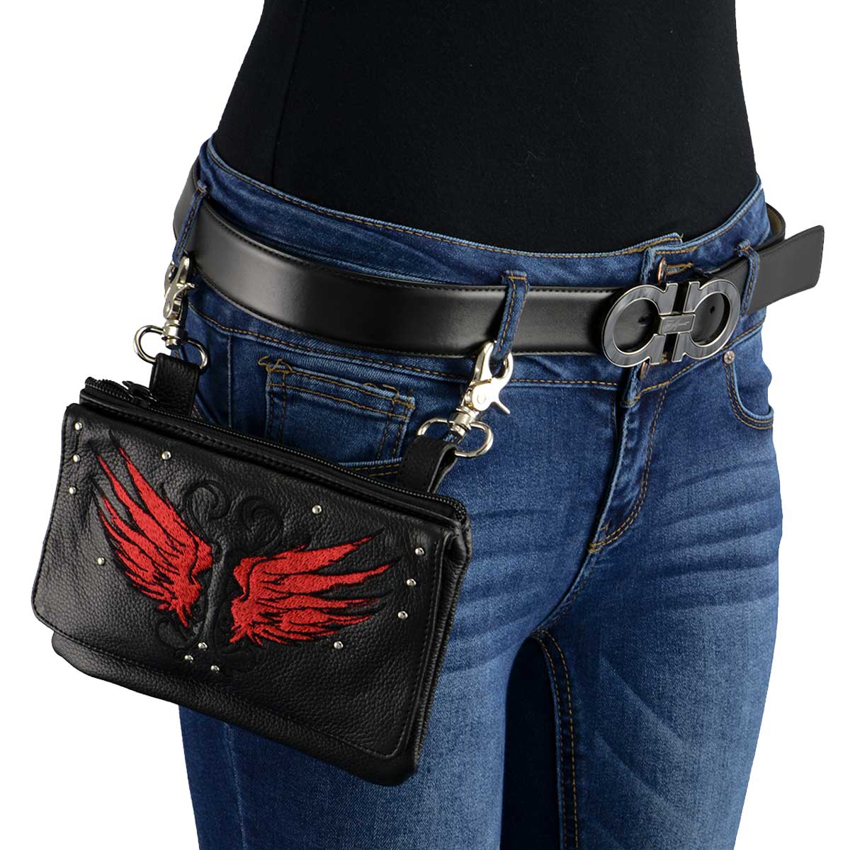 Milwaukee Leather MP8850 Ladies 'Winged' Leather Black and Red Multi Pocket Belt Bag - Image 3