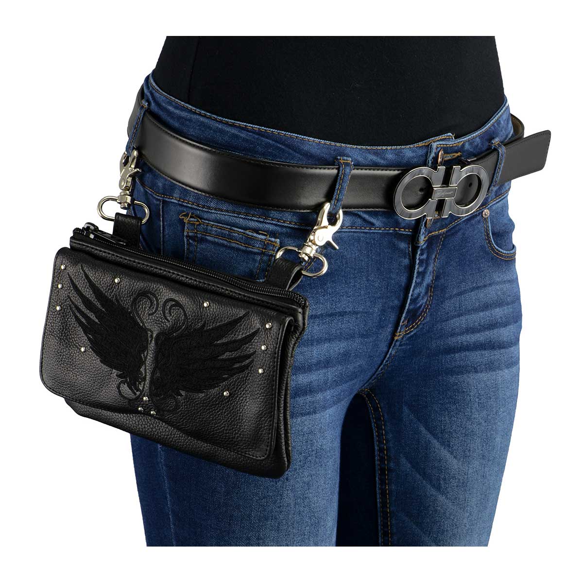 Milwaukee Leather MP8850 Ladies ‘Winged’ Black Leather Multi-Pocket Belt Bag - Image 2
