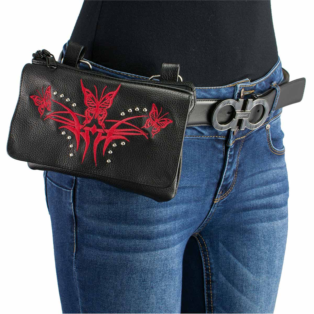 Milwaukee Leather MP8851 Women's Black and Red Leather Multi Pocket Belt Bag - Image 3