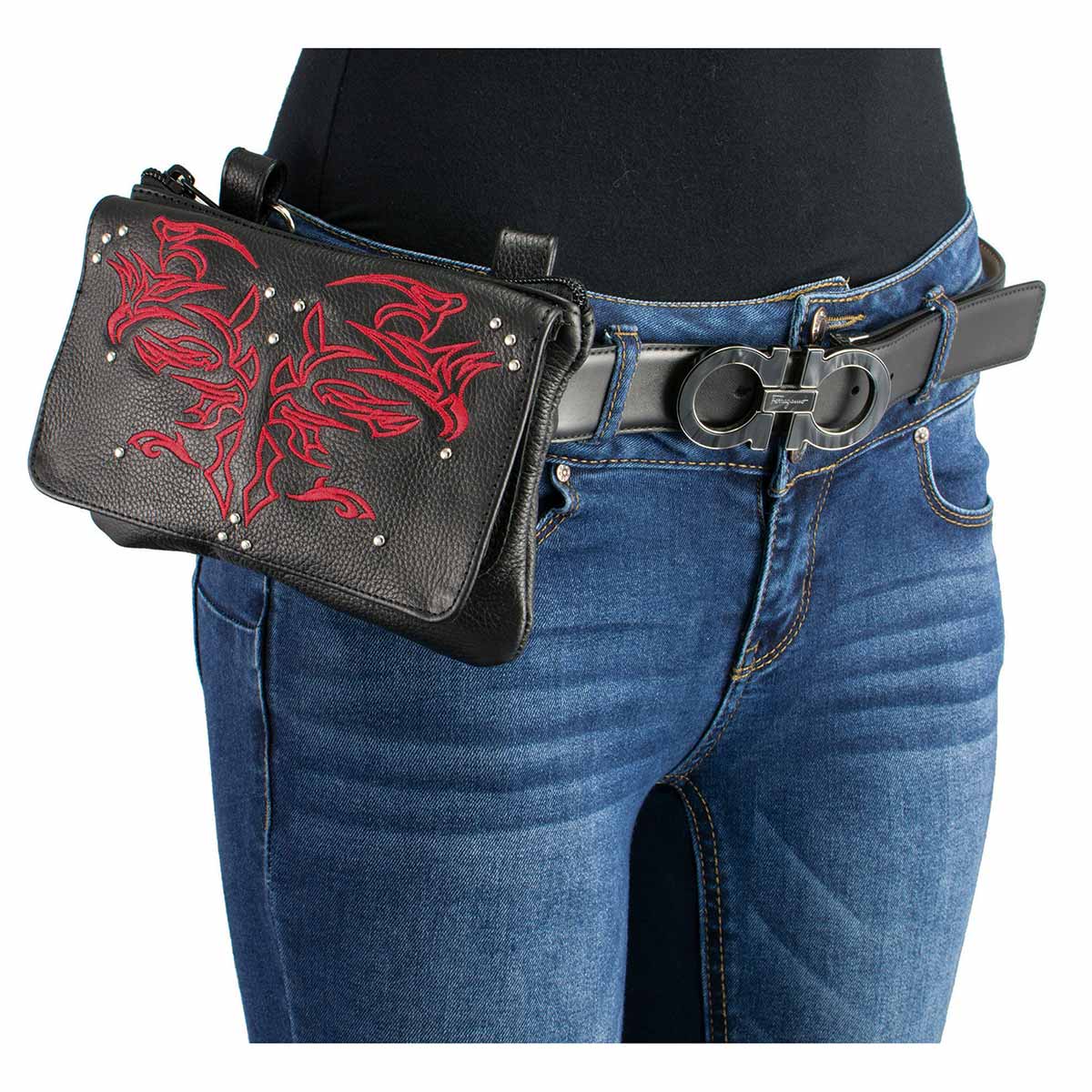 Milwaukee Leather MP8852 Women's Black and Red Leather Multi Pocket Belt Bag - Image 3