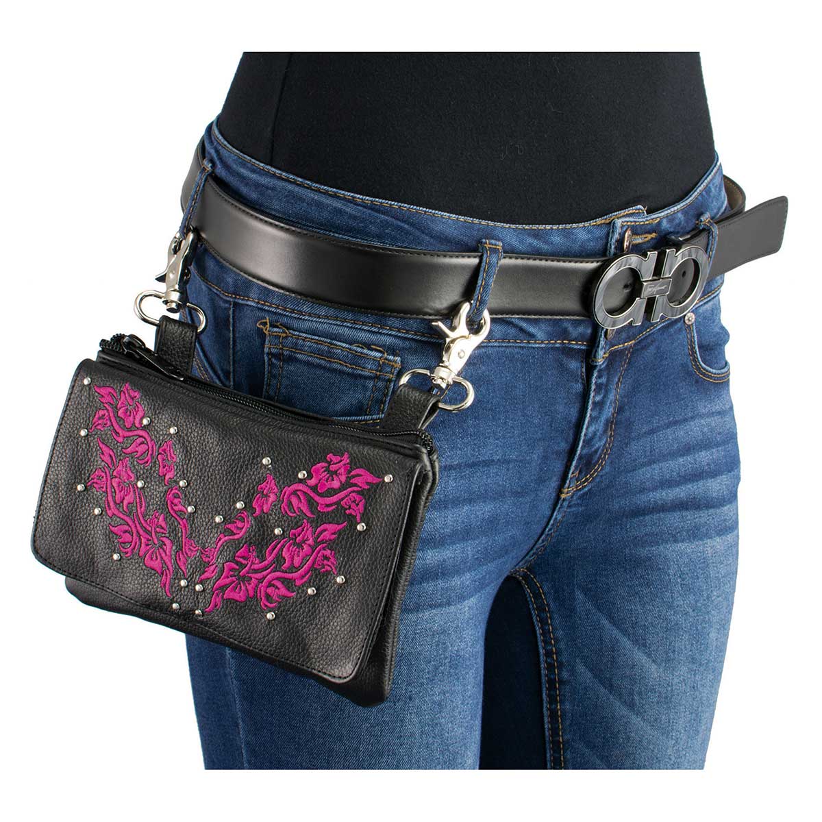Milwaukee Leather MP8853 Women's 'Flower' Black and Pink Leather Multi Pocket Belt Bag - Image 2