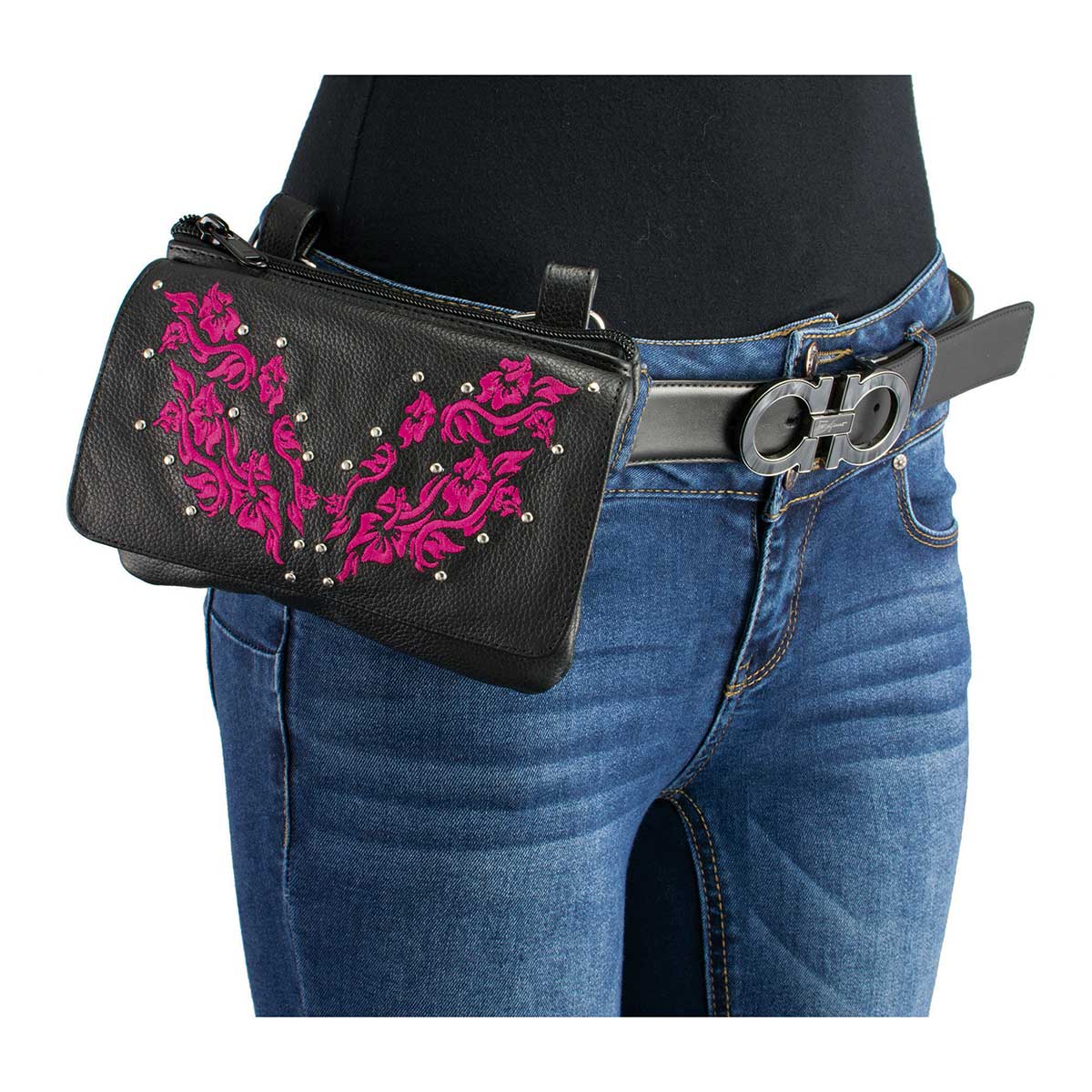 Milwaukee Leather MP8853 Women's 'Flower' Black and Pink Leather Multi Pocket Belt Bag - Image 3