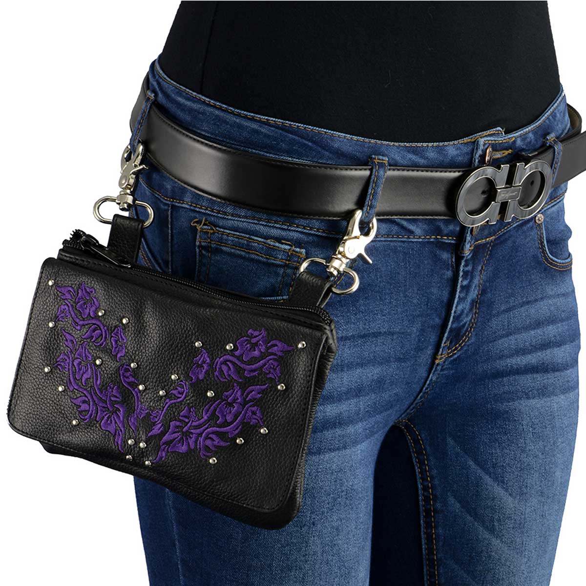 Milwaukee Leather MP8853 Women's 'Flower' Black and Purple Leather Multi Pocket Belt Bag - Image 2