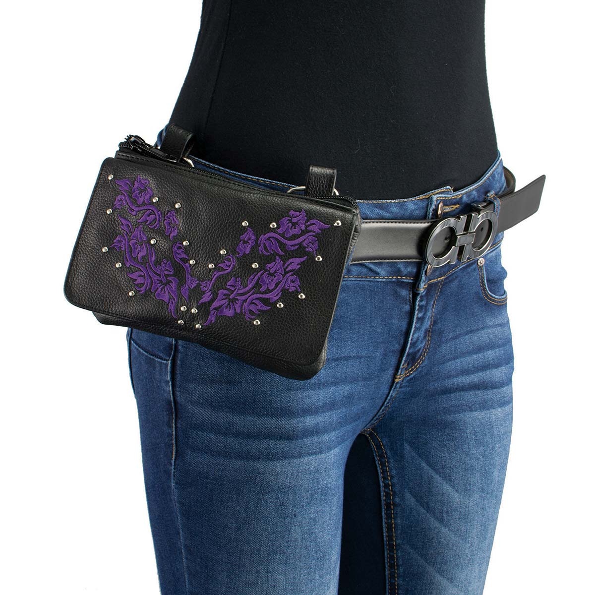 Milwaukee Leather MP8853 Women's 'Flower' Black and Purple Leather Multi Pocket Belt Bag - Image 3