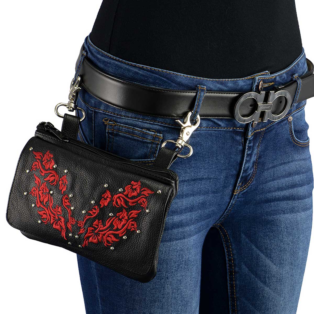 Milwaukee Leather MP8853 Women's 'Flower' Black and Red Leather Multi Pocket Belt Bag - Image 2