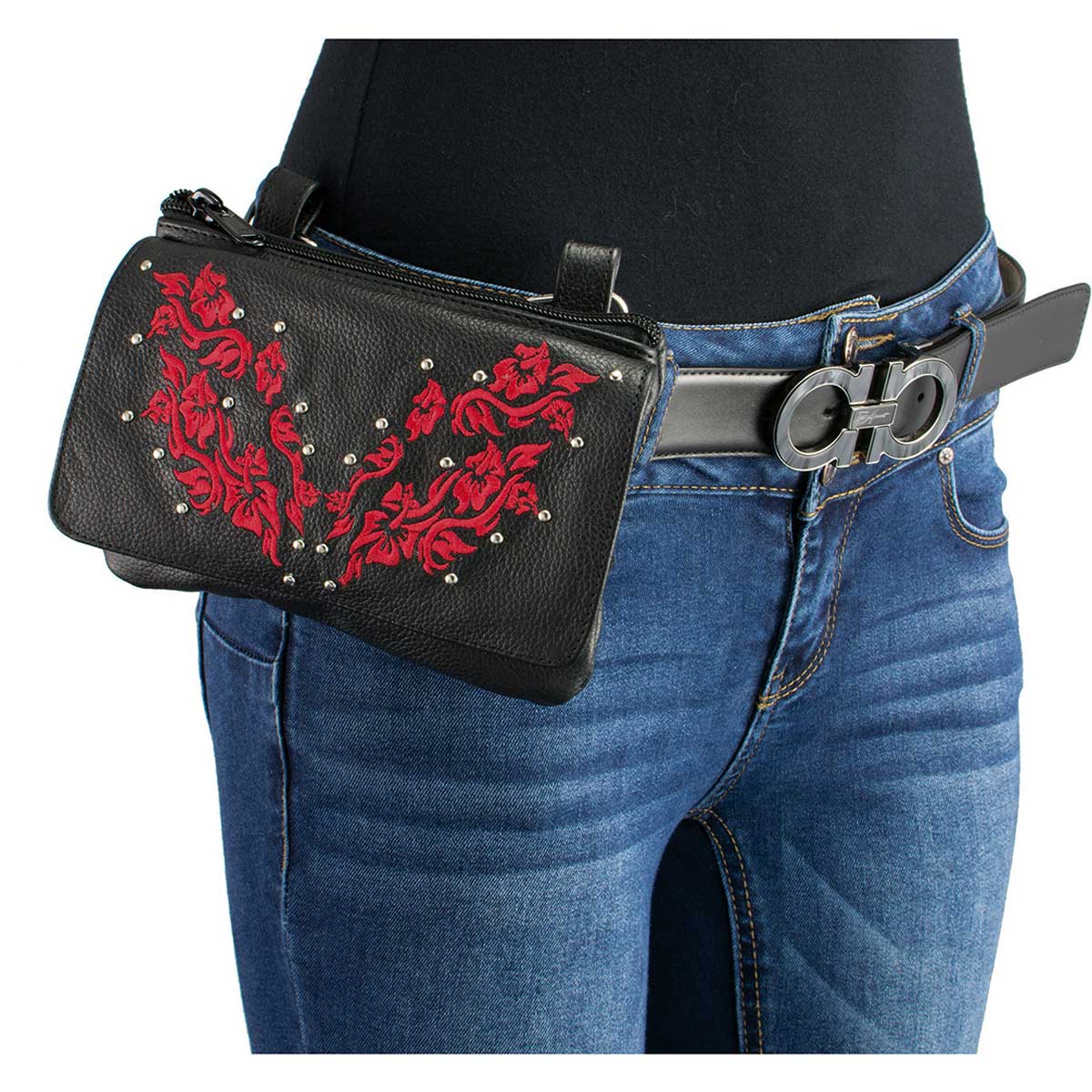 Milwaukee Leather MP8853 Women's 'Flower' Black and Red Leather Multi Pocket Belt Bag - Image 3