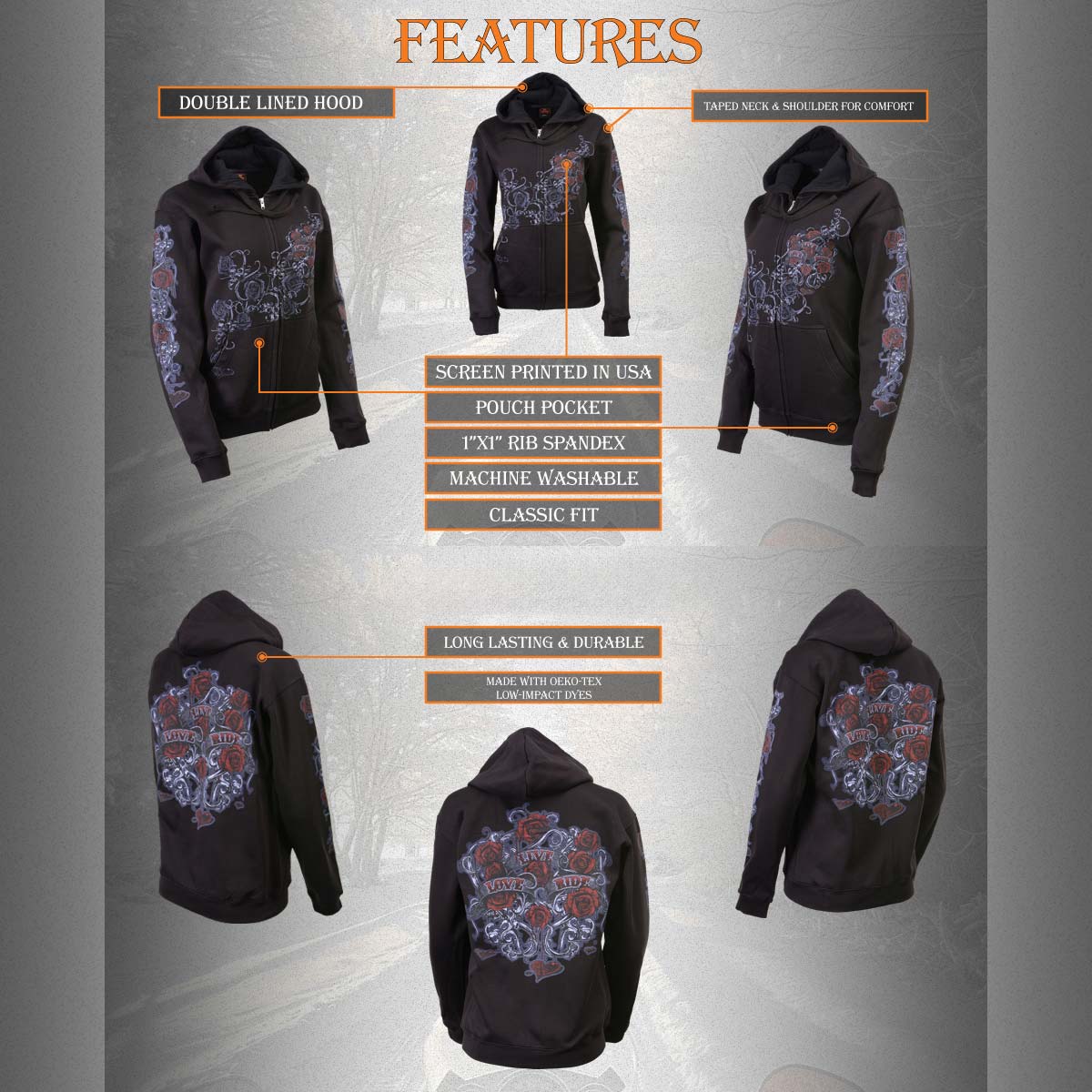 Milwaukee Leather MPLH228000 Women's Black Hoodie Sweatshirt with Live, Love, Ride and Roses Artwork Print - Image 16