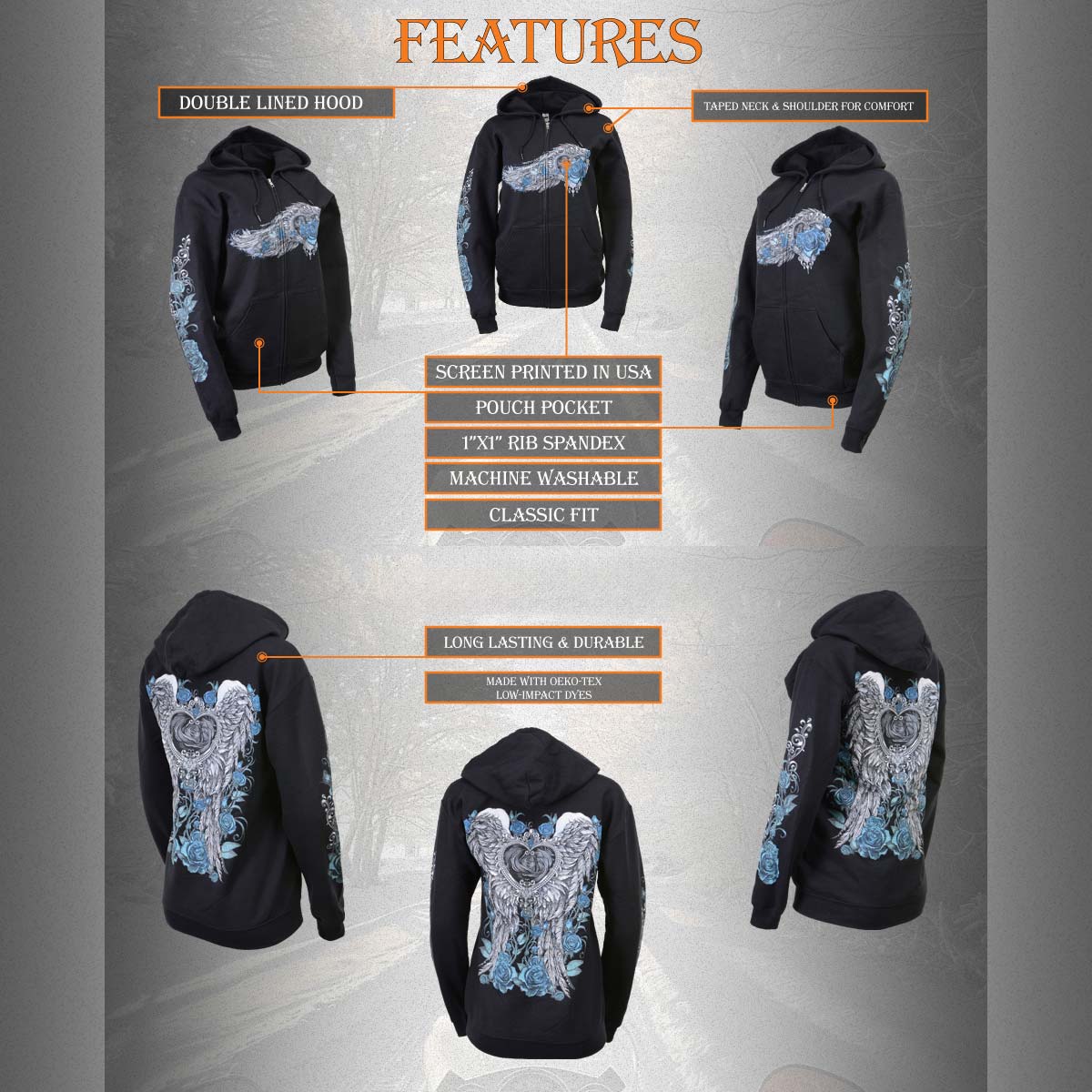 Milwaukee Leather MPLH228001 Women's 'Angel Roses' Zip Up Hooded Black Sweat Shirt - Image 19