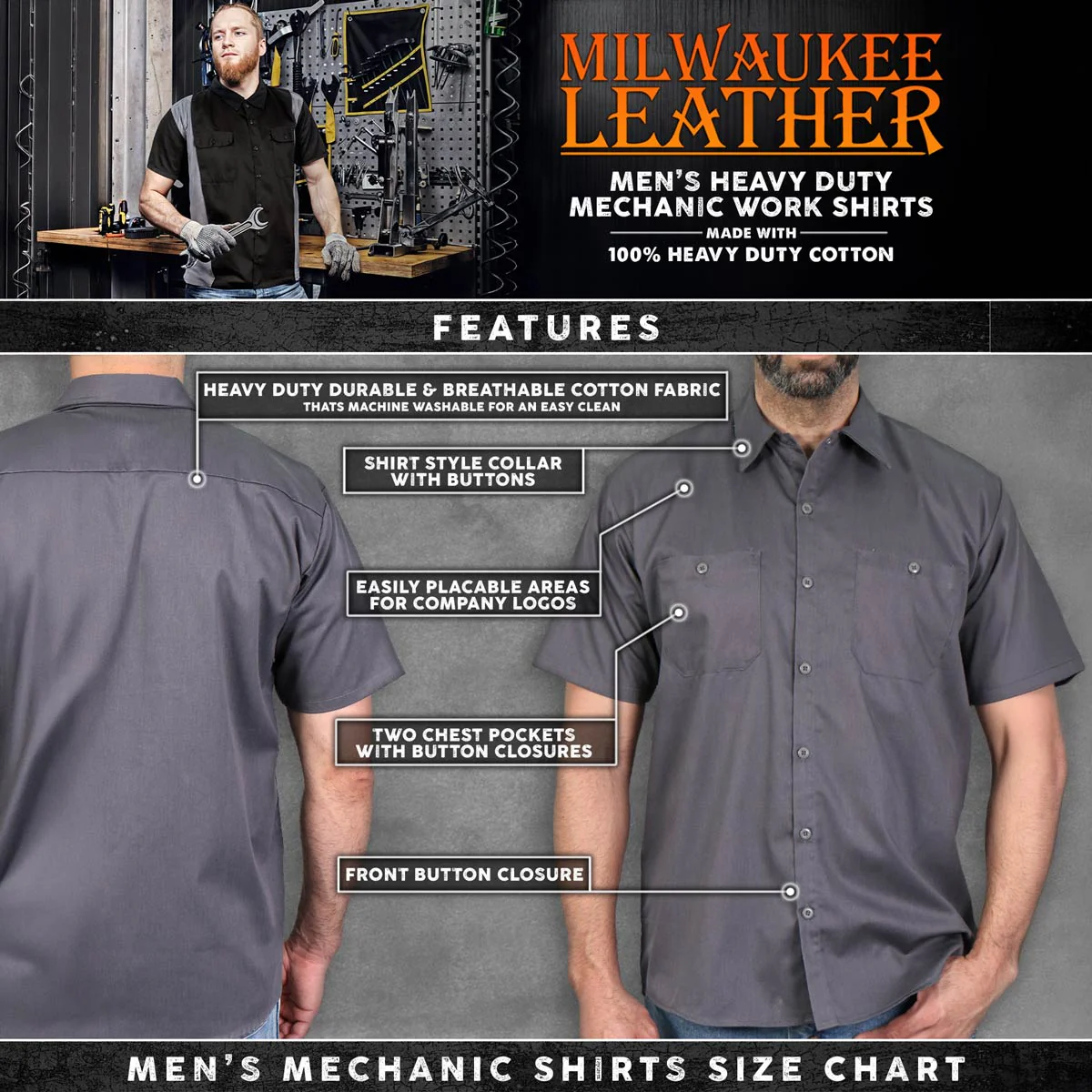 Milwaukee Leather MDM11668 Men’s Grey Button-Up Heavy-Duty Work Shirt - Classic Mechanic Shirt w/ Pockets - Image 2