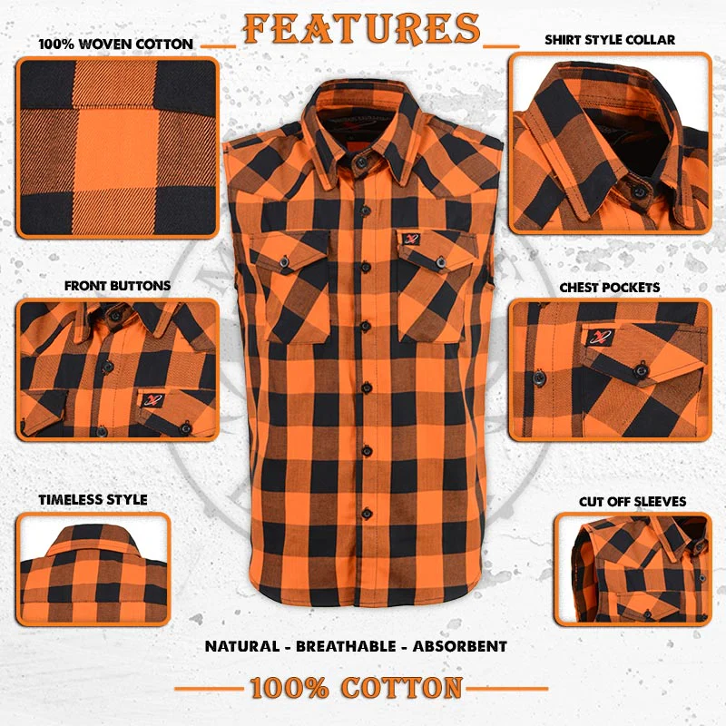 Milwaukee Leather MPM1655 Men’s Classic Black and Orange Button-Down Flannel Cut Off Sleeveless Casual Shirt - Image 2