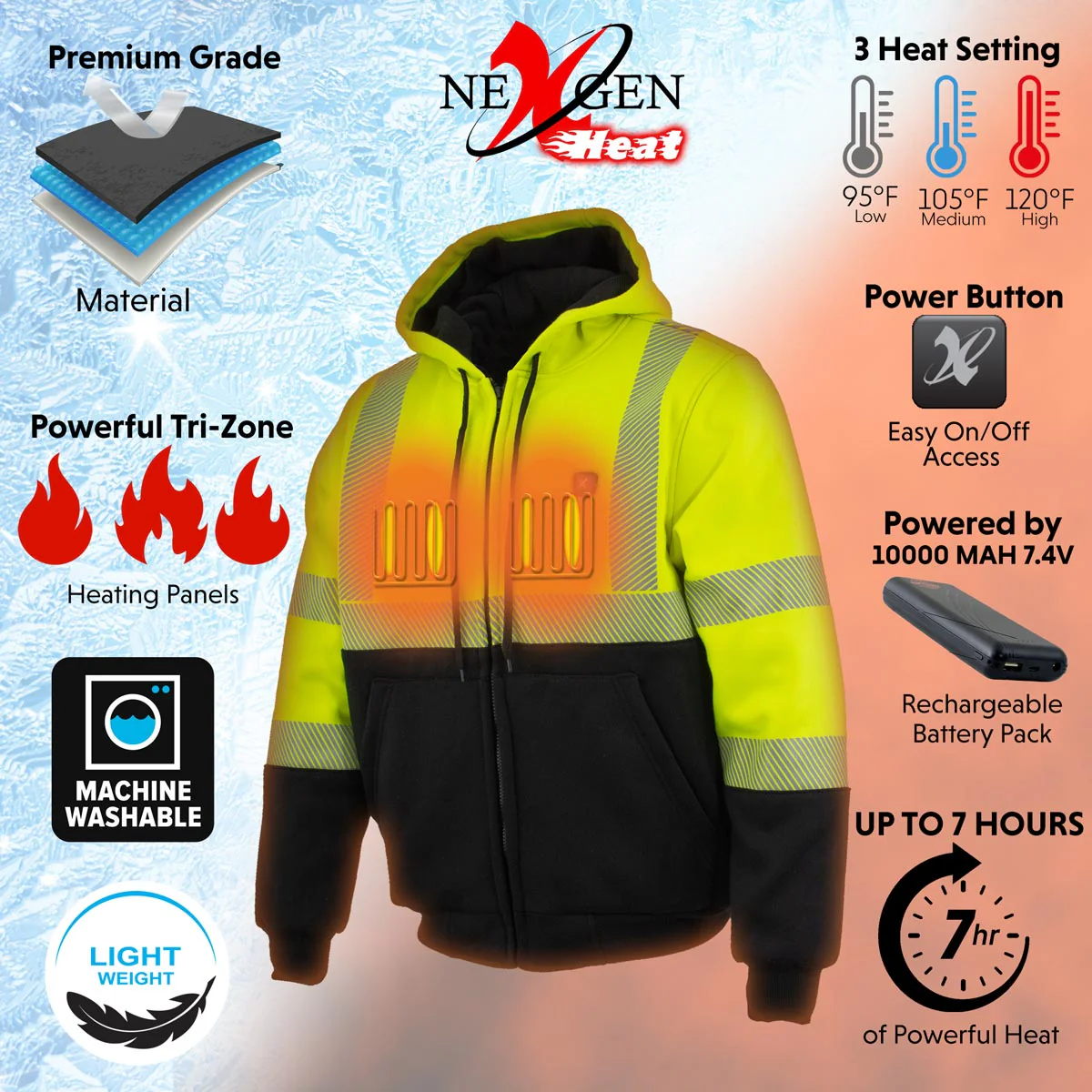 Nexgen Heat MPM1773SET Men's Heated High Visibility Work Hoodie, Neon Green Hi Vis Reflective Hoodie w/ Battery - Image 2