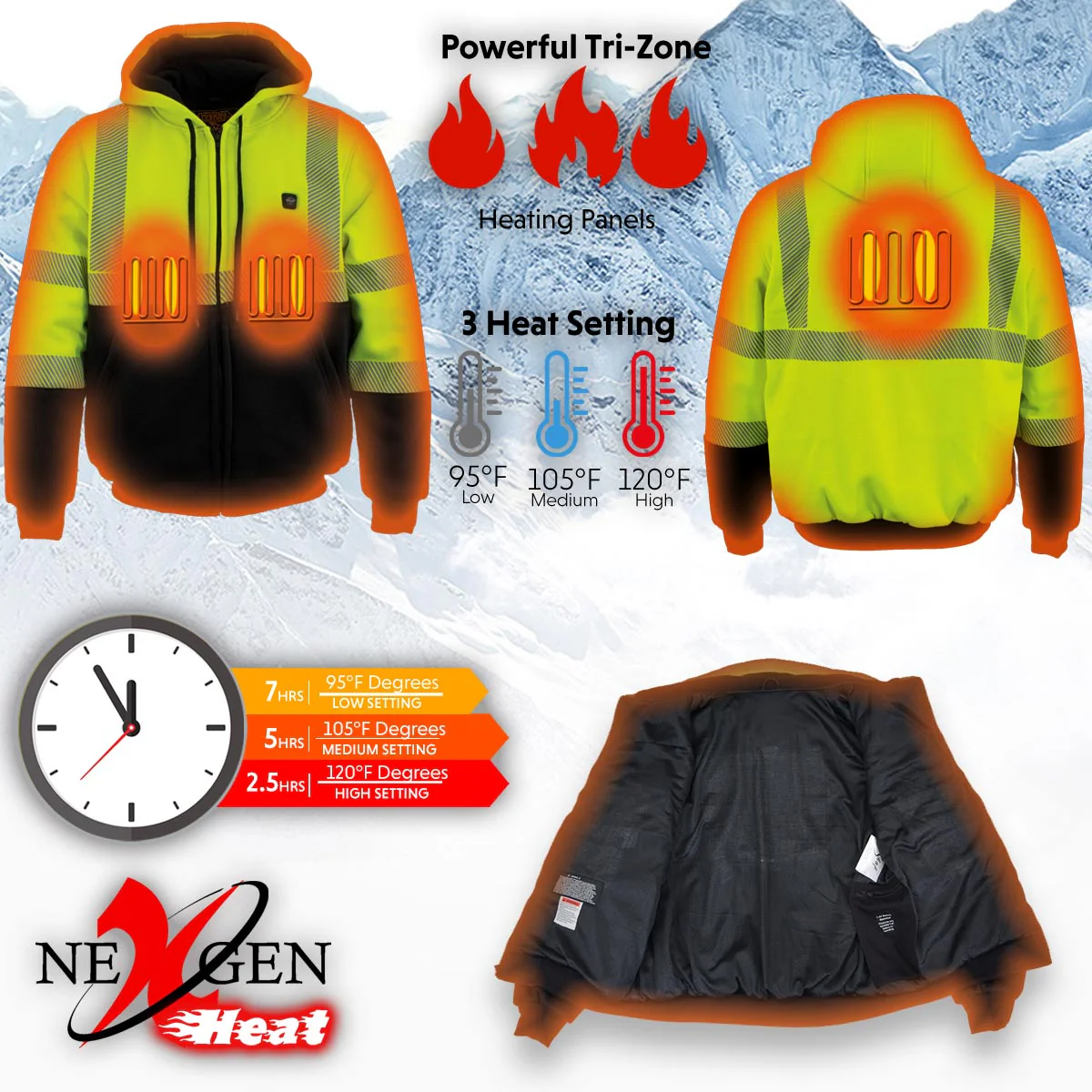 Nexgen Heat MPM1773SET Men's Heated High Visibility Work Hoodie, Neon Green Hi Vis Reflective Hoodie w/ Battery - Image 4