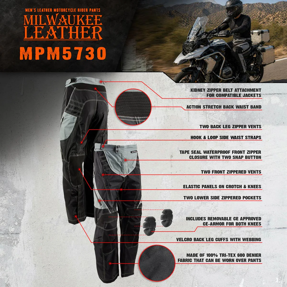 Milwaukee Leather MPM5730 Men's Black and Grey Tri-Tex Fabric Motorcycle Rider Pants w/ CE Armor Protection - Image 4