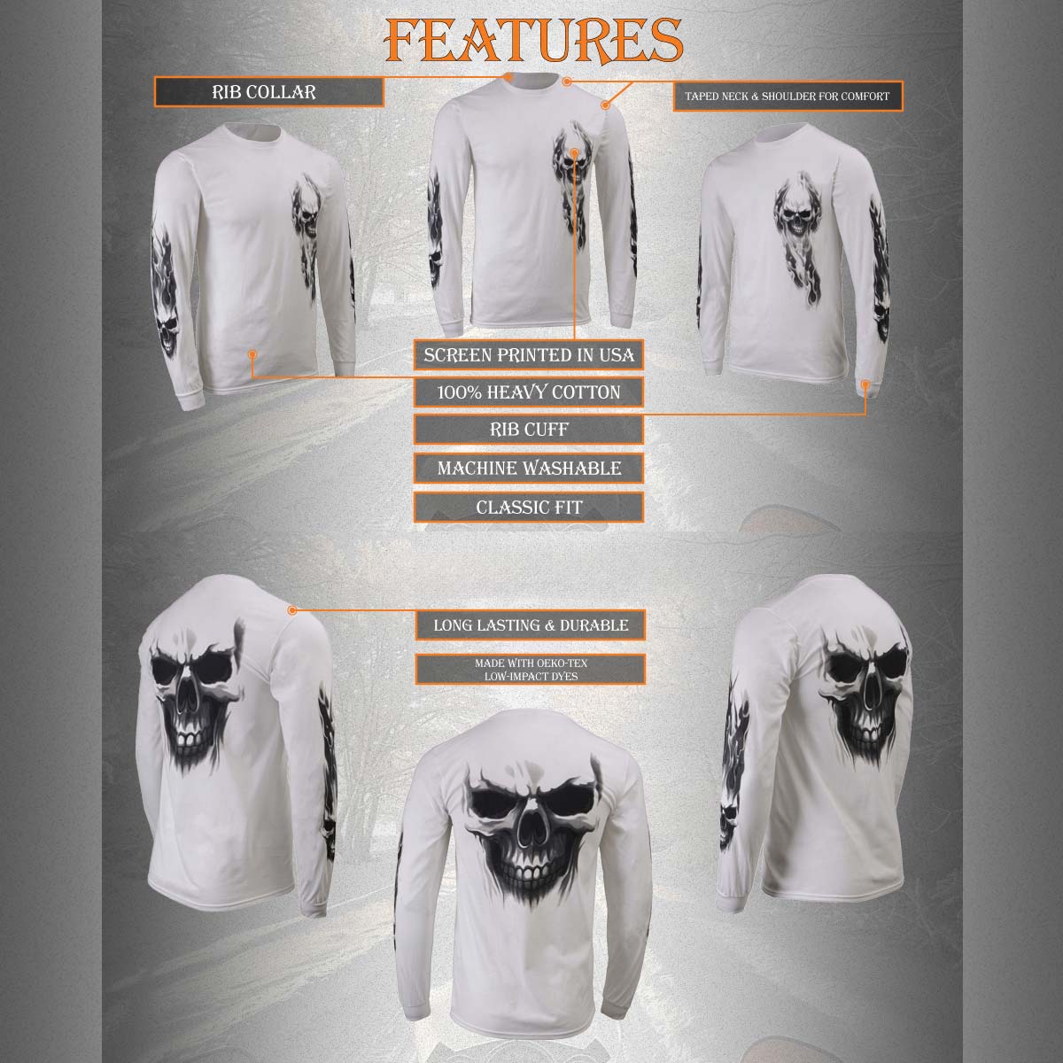 Milwaukee Leather MPMH117004 Men's 'Ghost Skull' White Long Sleeve Printed T-Shirt - Image 17