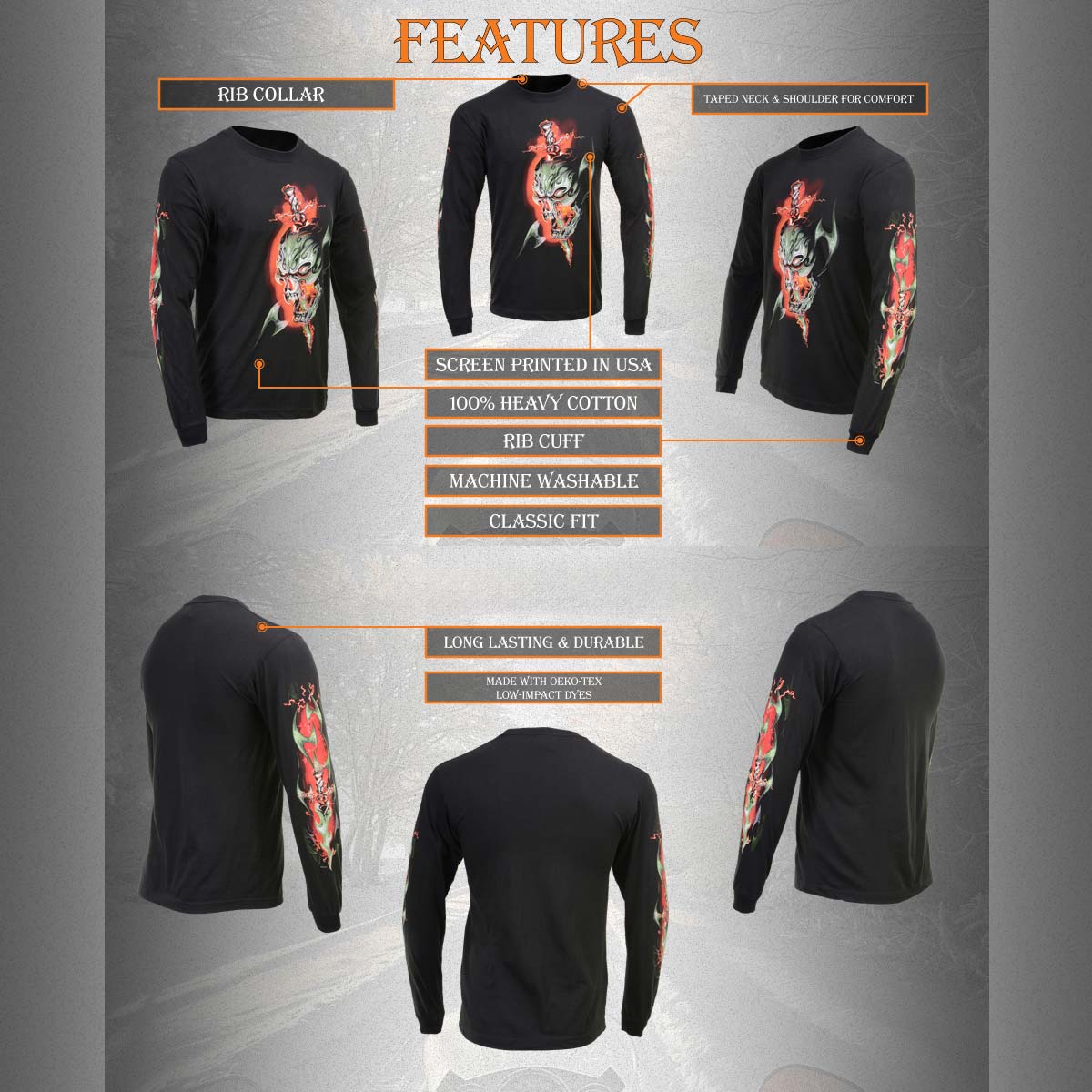 Milwaukee Leather MPMH117005 Men’s ‘Electric Skull’ Long Sleeve Black T-Shirt - Image 15