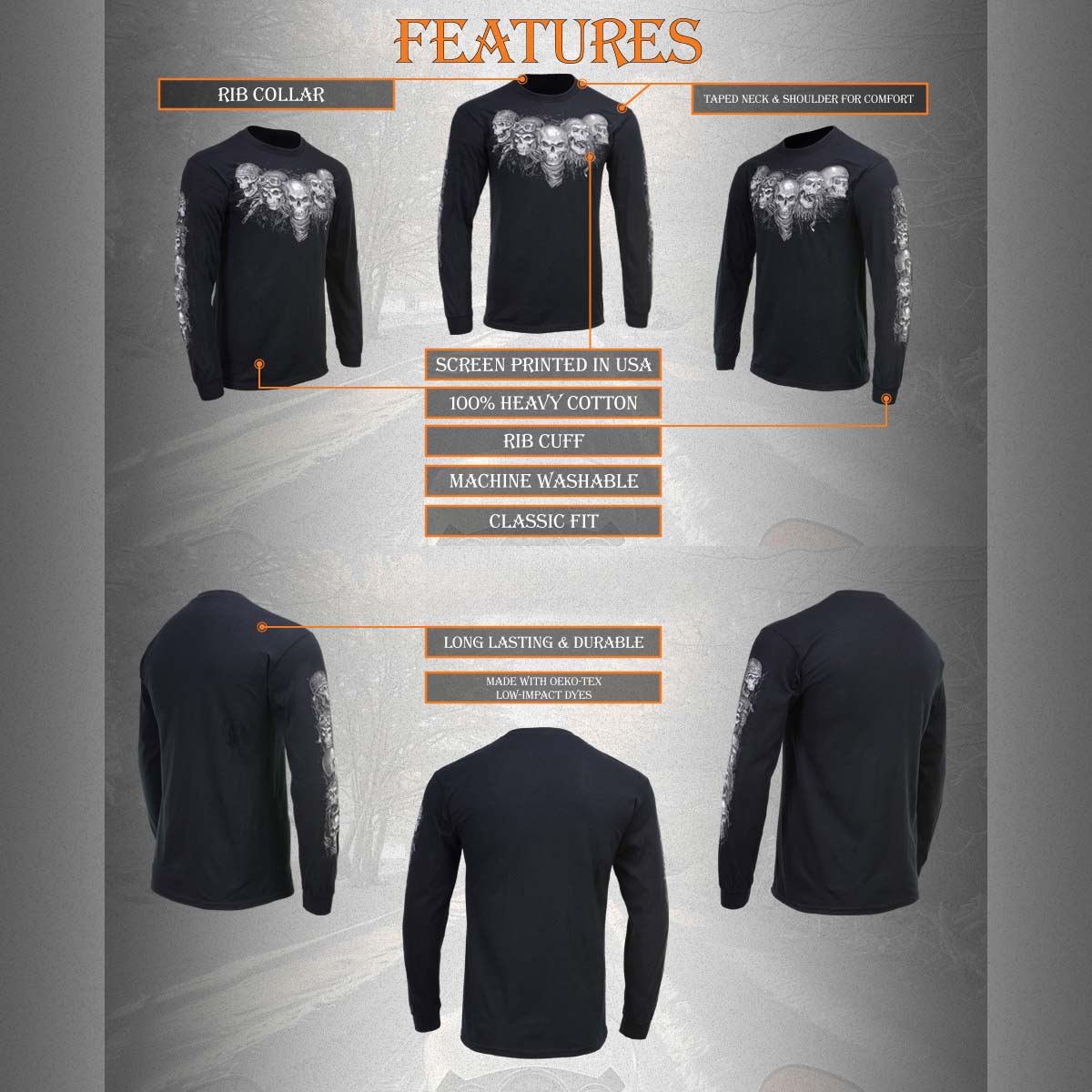 Milwaukee Leather MPMH117008 Men’s ‘Five Skulls’ Long Sleeve Black T-Shirt - Image 19