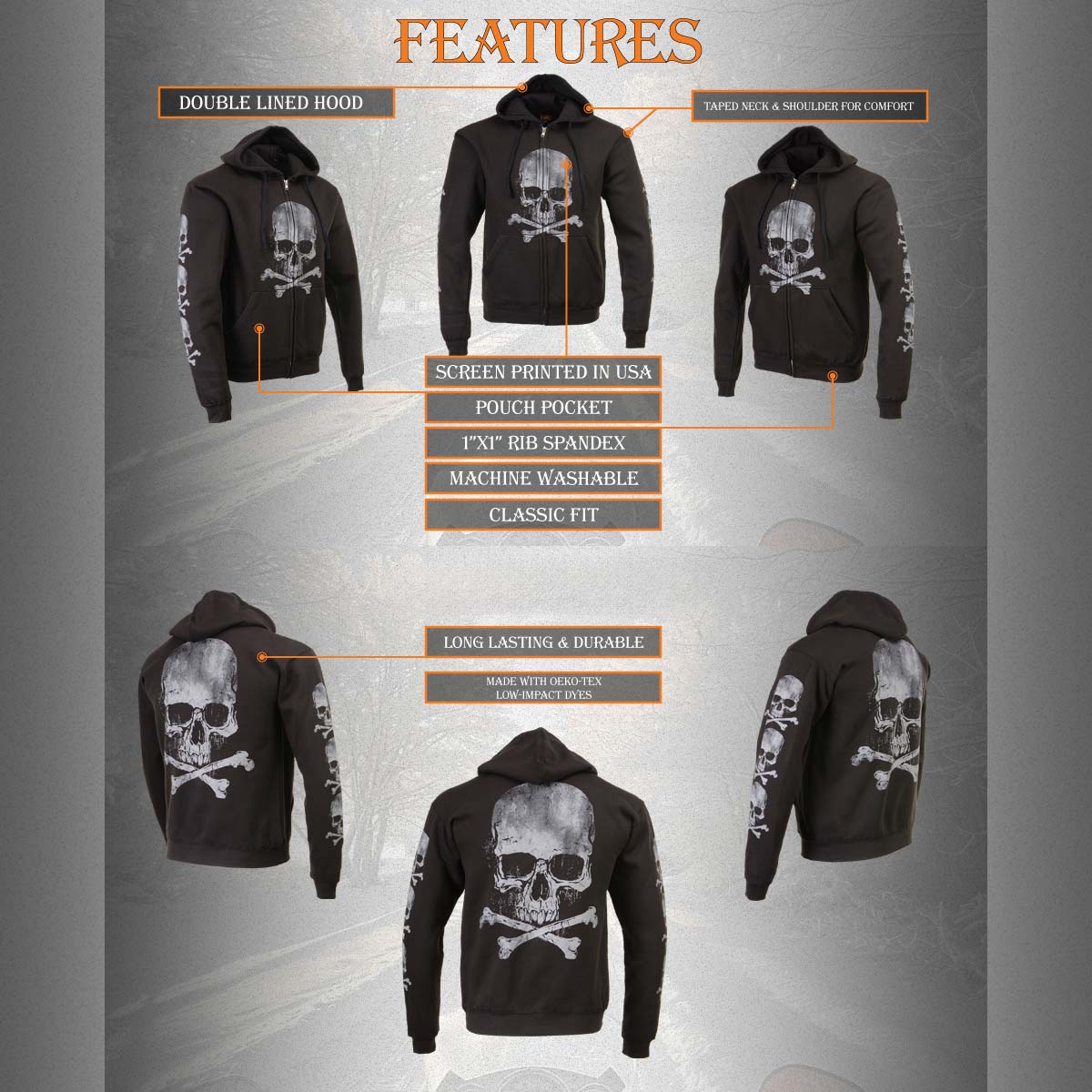 Milwaukee Leather MPMH118003 Men’s ‘Skull and Crossbones’ Black Hoodie with Zipper Closure - Image 2