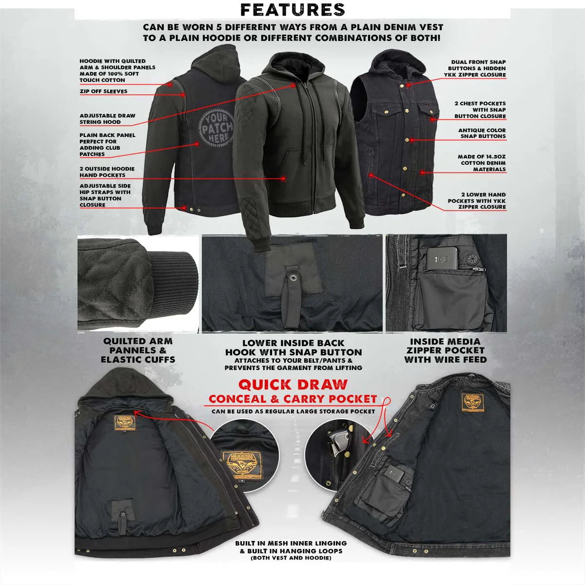 Milwaukee Leather MDM3020 Men's Black Denim '5-in-1' Club Style Vest with Removable Hoodie - Image 2