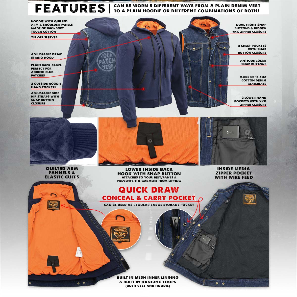 Milwaukee Leather MDM3020 Men's Blue Denim '5-in-1' Club Style Vest with Removable Hoodie - Image 2