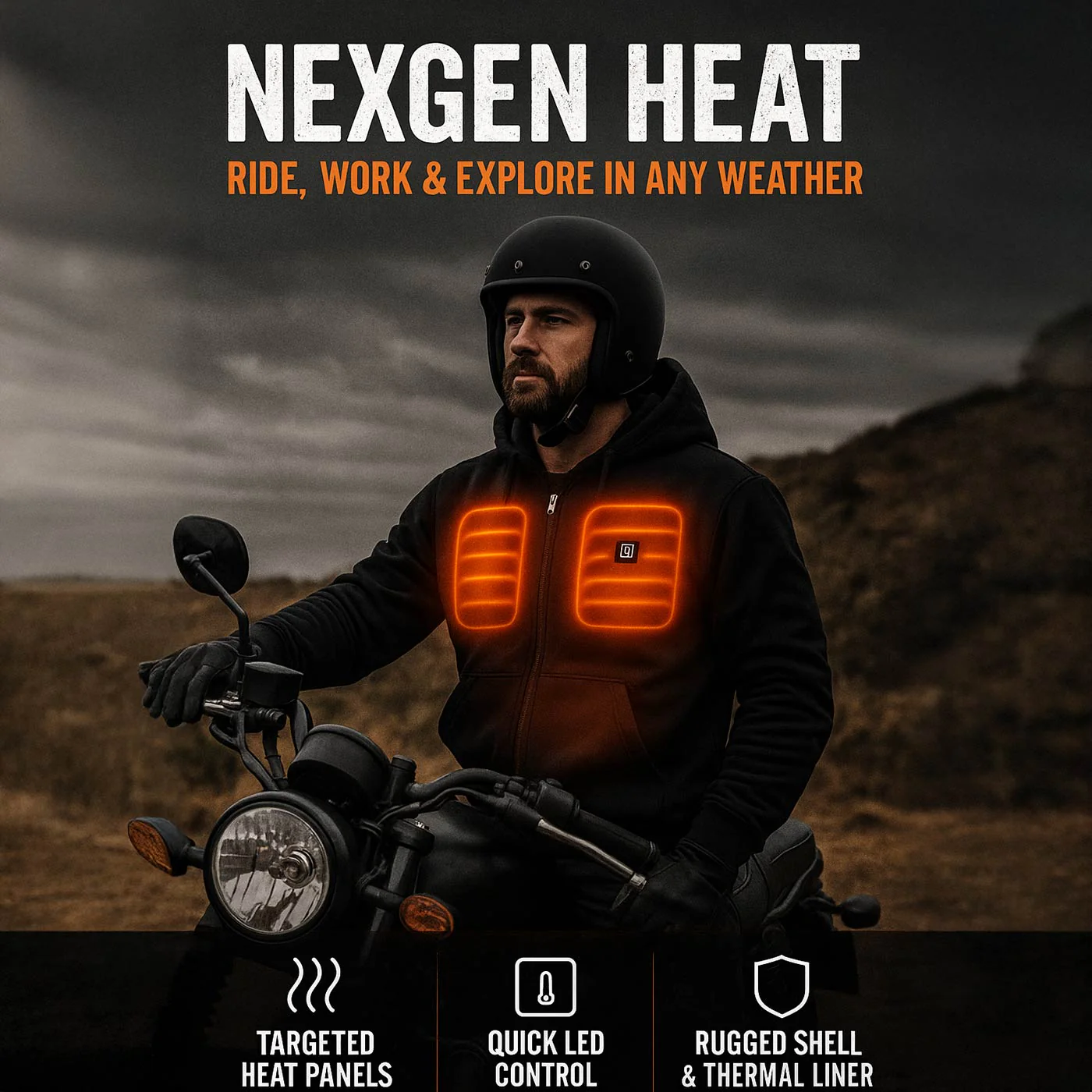 Nexgen Heat Men’s Black Heated Hoodie Jacket – Winter Motorcycle Riding Gear for Cold Outdoors MPM1713SET - Image 2