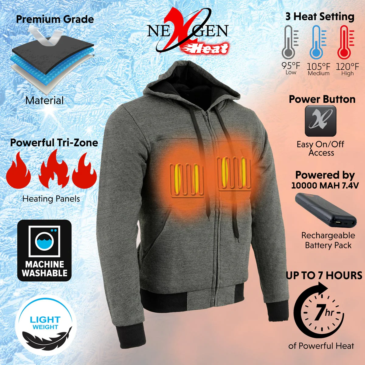 Nexgen Heat Men’s Black Heated Hoodie Jacket – Winter Motorcycle Riding Gear for Cold Outdoors MPM1713SET - Image 4