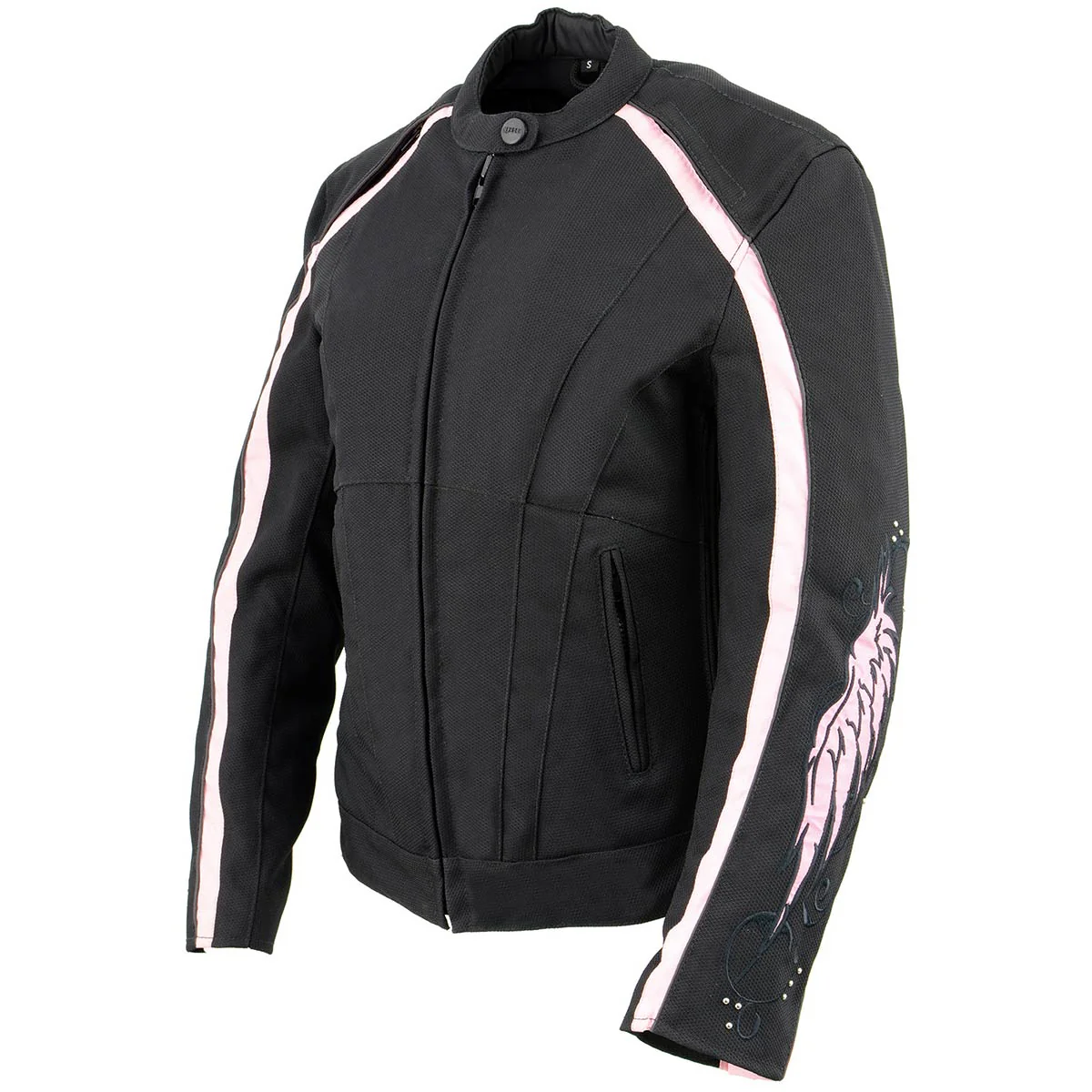 Milwaukee Leather SH1954 Women's Black and Pink Textile Jacket with Stud and Wings Detailing - Image 6