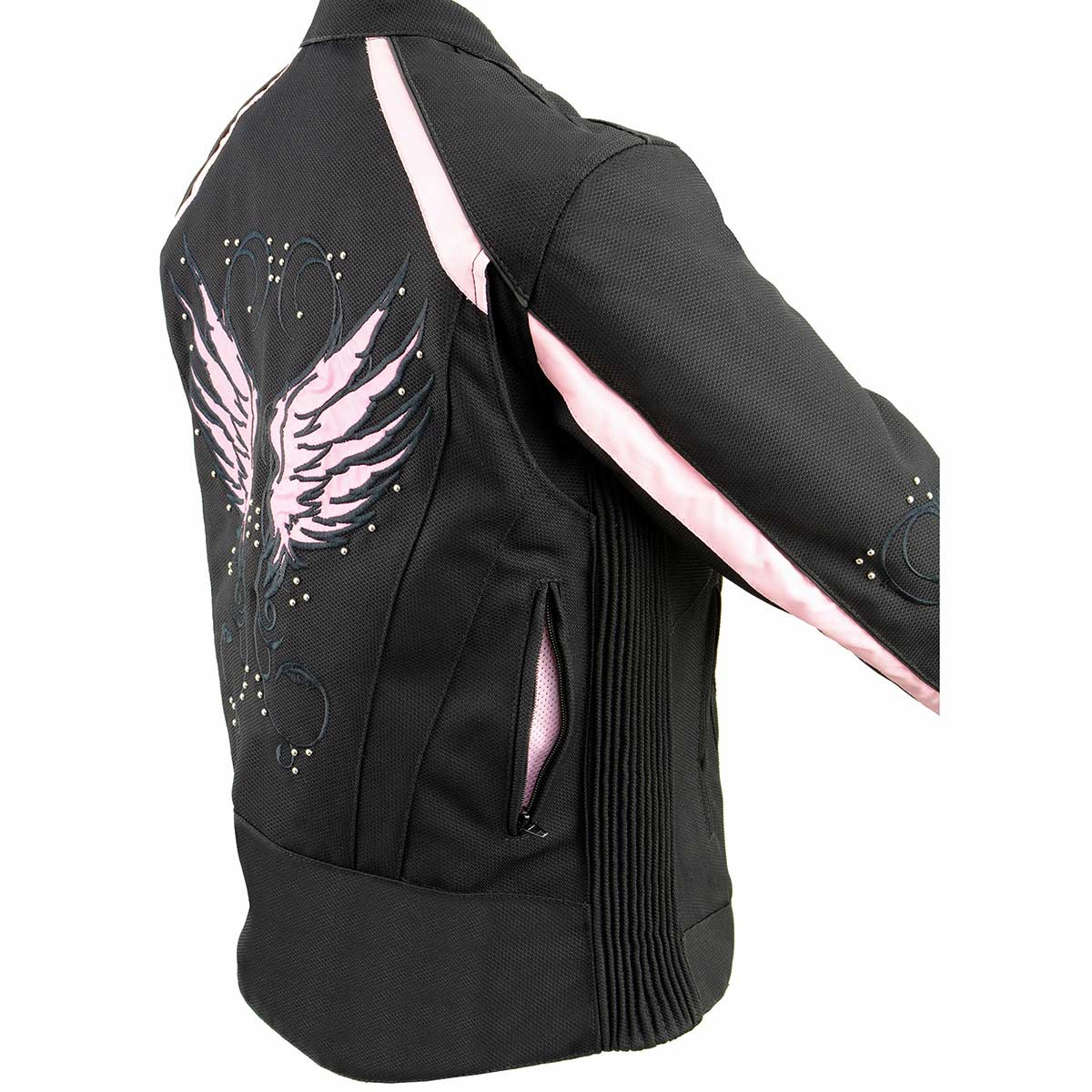 Milwaukee Leather SH1954 Women's Black and Pink Textile Jacket with Stud and Wings Detailing - Image 8
