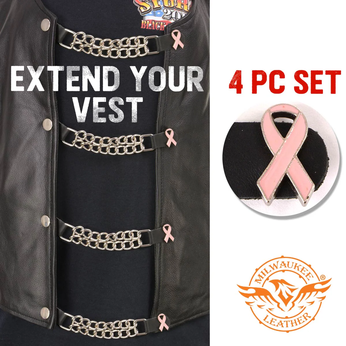 Milwaukee Leather Pink Ribbon Medallion Vest Extender - Double Chrome Chains Genuine Leather 6.5" Extension 4-PCS MLA6021SET - Image 3