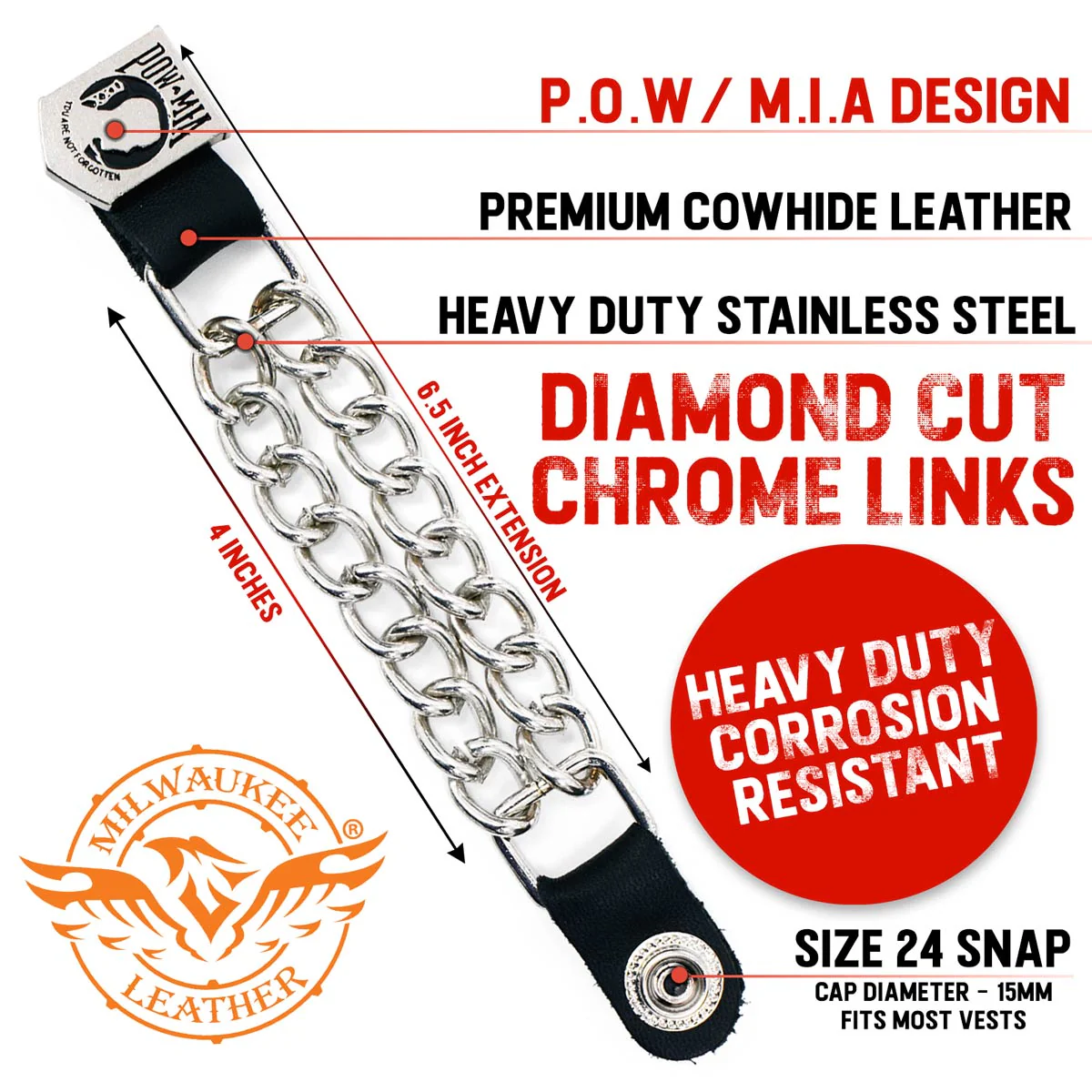 Milwaukee Leather POW/MIA Medallion Vest Extender - Double Chrome Chains Genuine Leather 6.5" Extension 4-PCS MLA6017SET - Image 2