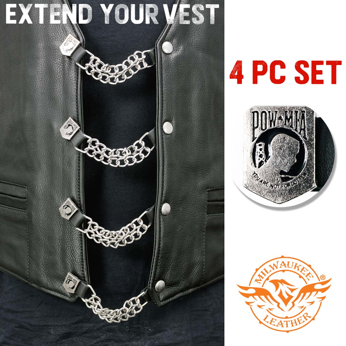 Milwaukee Leather POW/MIA Medallion Vest Extender - Double Chrome Chains Genuine Leather 6.5" Extension 4-PCS MLA6017SET - Image 3