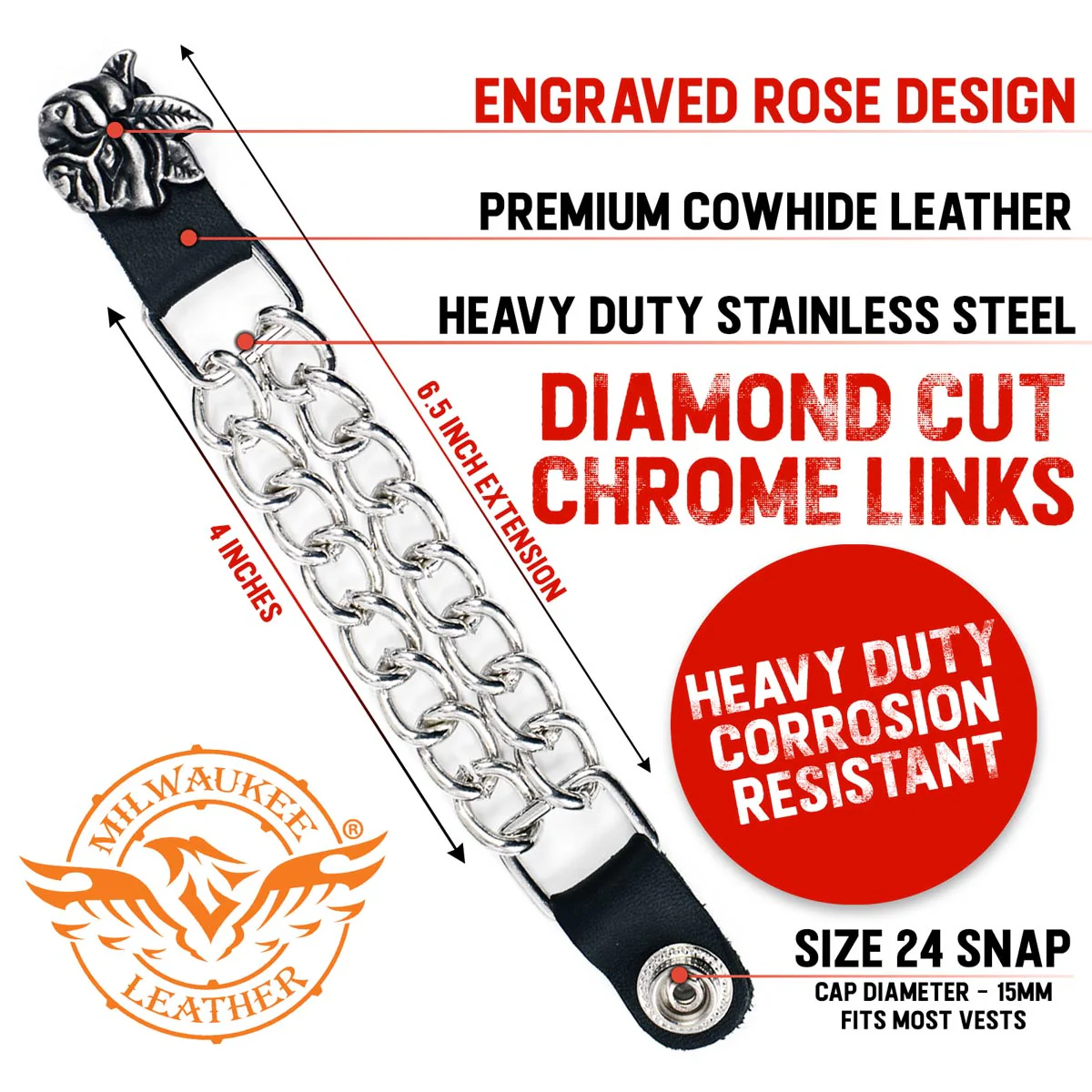 Milwaukee Leather Rose Engraving Medallion Vest Extender - Double Chrome Chains Genuine Leather 6.5" Extension 4-PCS MLA6018SET - Image 2