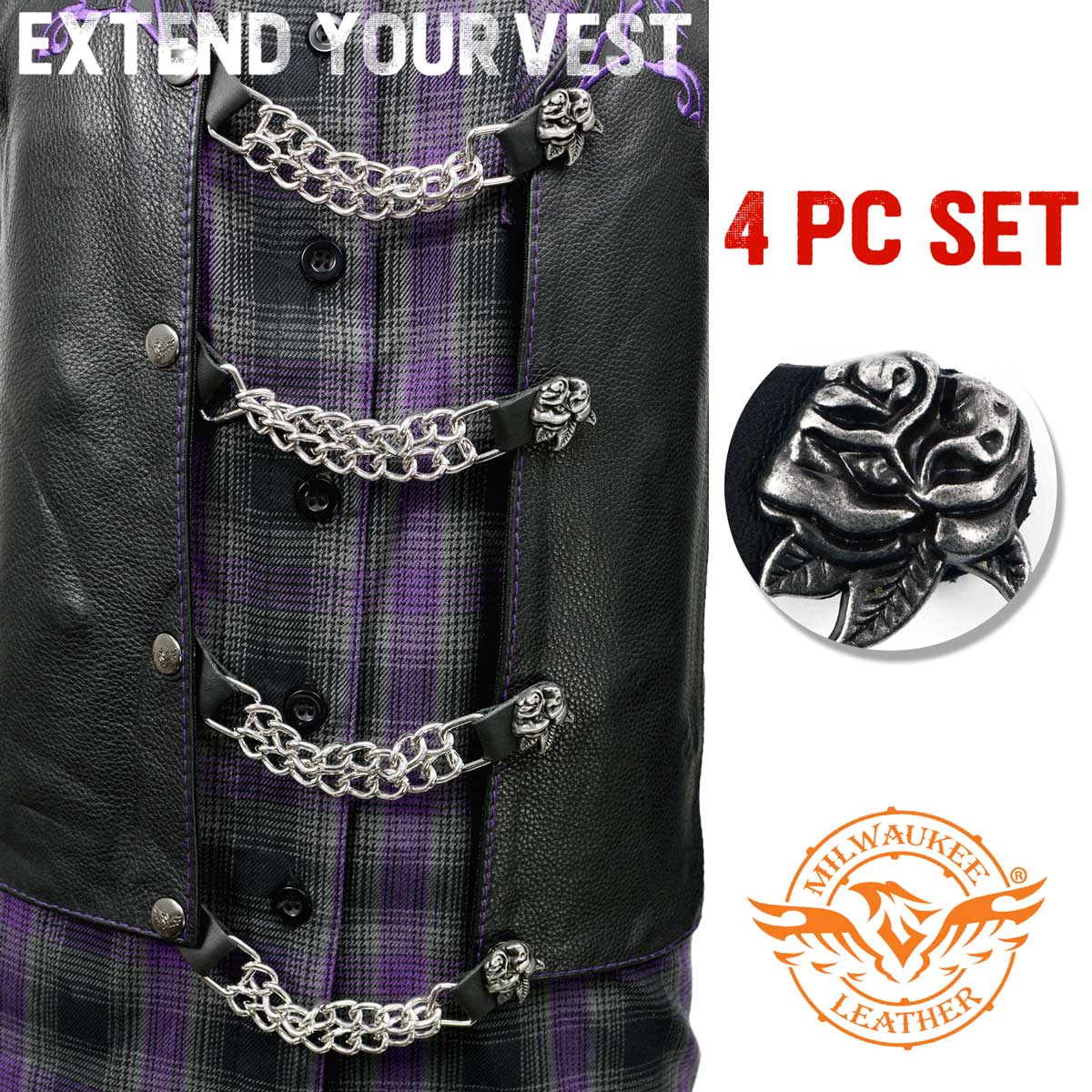 Milwaukee Leather Rose Engraving Medallion Vest Extender - Double Chrome Chains Genuine Leather 6.5" Extension 4-PCS MLA6018SET - Image 3