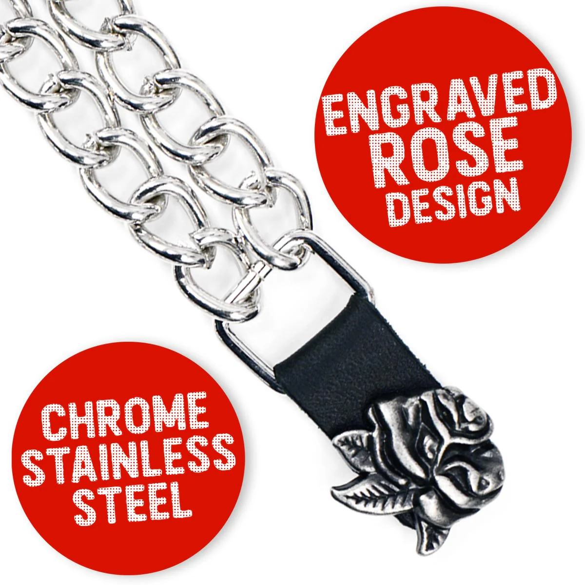 Milwaukee Leather Rose Engraving Medallion Vest Extender - Double Chrome Chains Genuine Leather 6.5" Extension 4-PCS MLA6018SET - Image 4