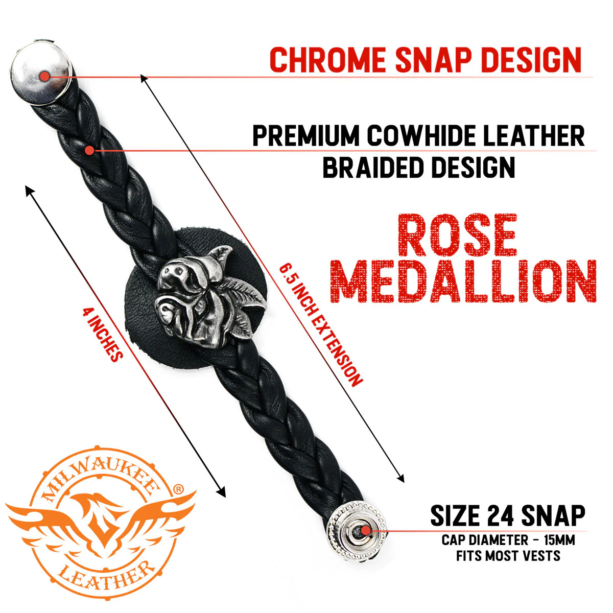 Milwaukee Leather Rose Medallion Vest Extender Genuine Leather Braided Strap 6.5" Extension 4-PCS MLA6065SET - Image 2