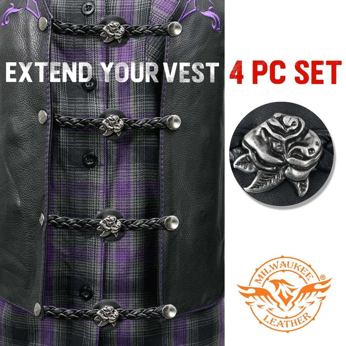 Milwaukee Leather Rose Medallion Vest Extender Genuine Leather Braided Strap 6.5" Extension 4-PCS MLA6065SET - Image 3