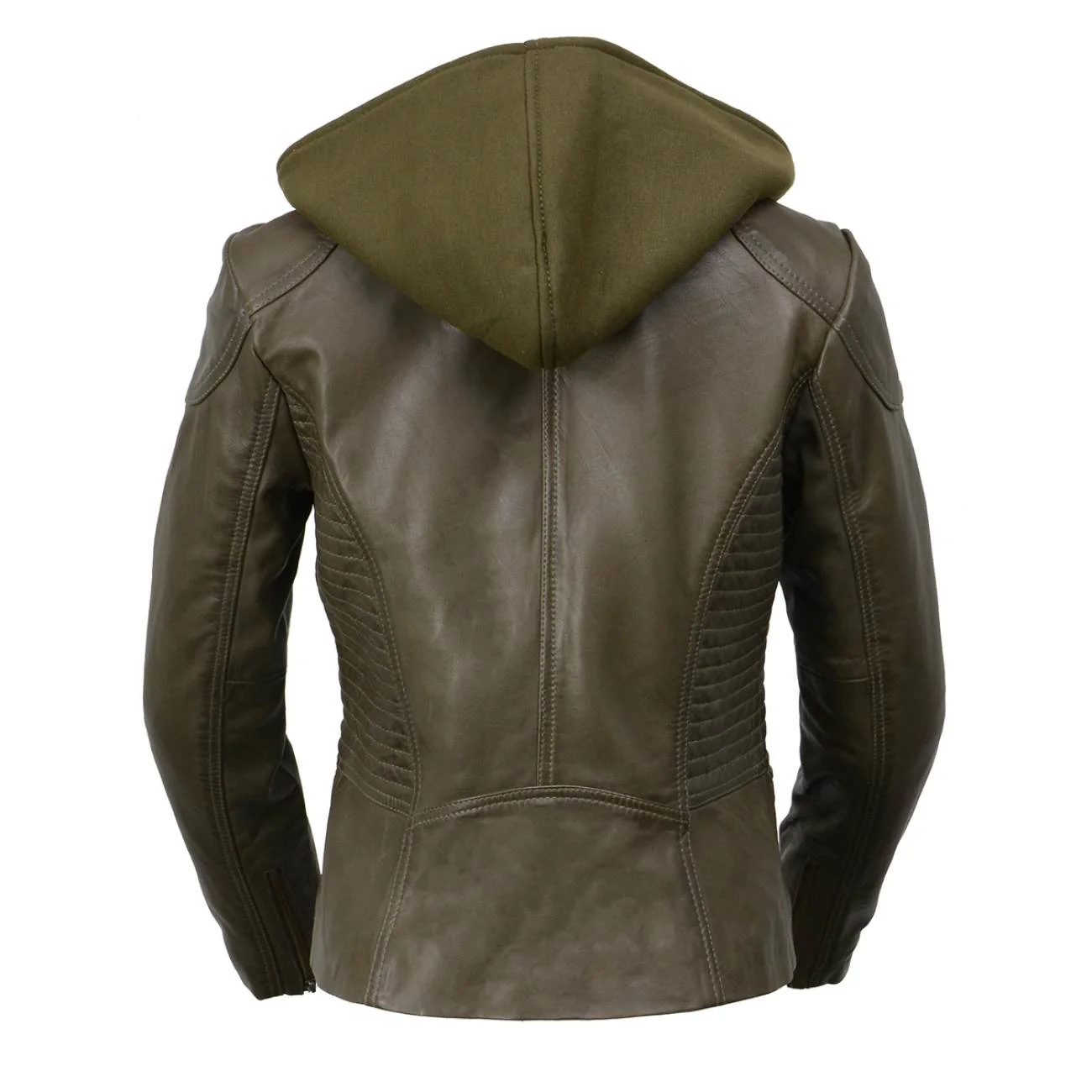 Milwaukee Leather SFL2815 Womens Olive Motorcycle Style Leather Jacket with Hoodie and Asymmetrical Zipper - Image 2