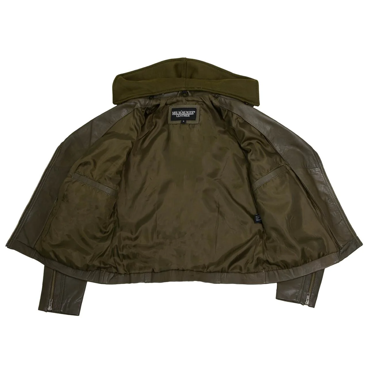 Milwaukee Leather SFL2815 Womens Olive Motorcycle Style Leather Jacket with Hoodie and Asymmetrical Zipper - Image 4
