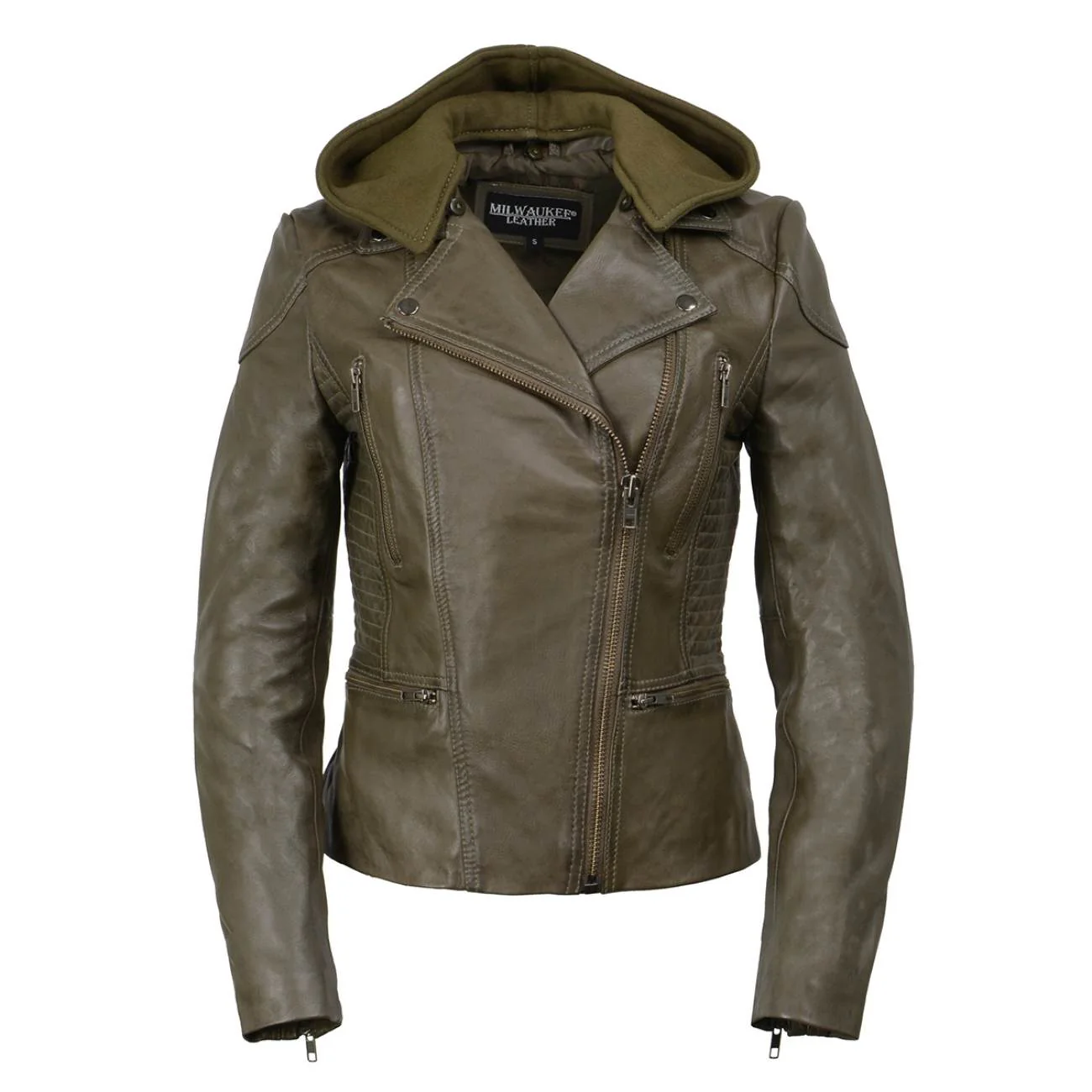 Milwaukee Leather SFL2815 Womens Olive Motorcycle Style Leather Jacket with Hoodie and Asymmetrical Zipper - Image 6