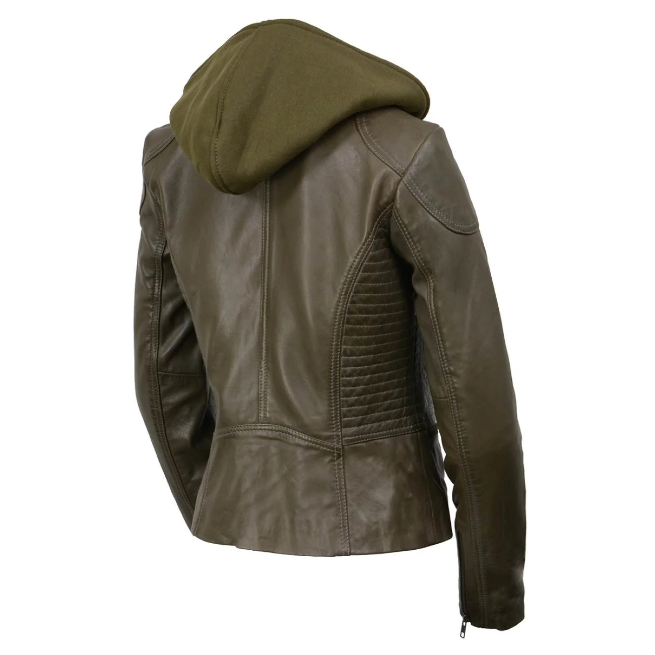 Milwaukee Leather SFL2815 Womens Olive Motorcycle Style Leather Jacket with Hoodie and Asymmetrical Zipper - Image 7