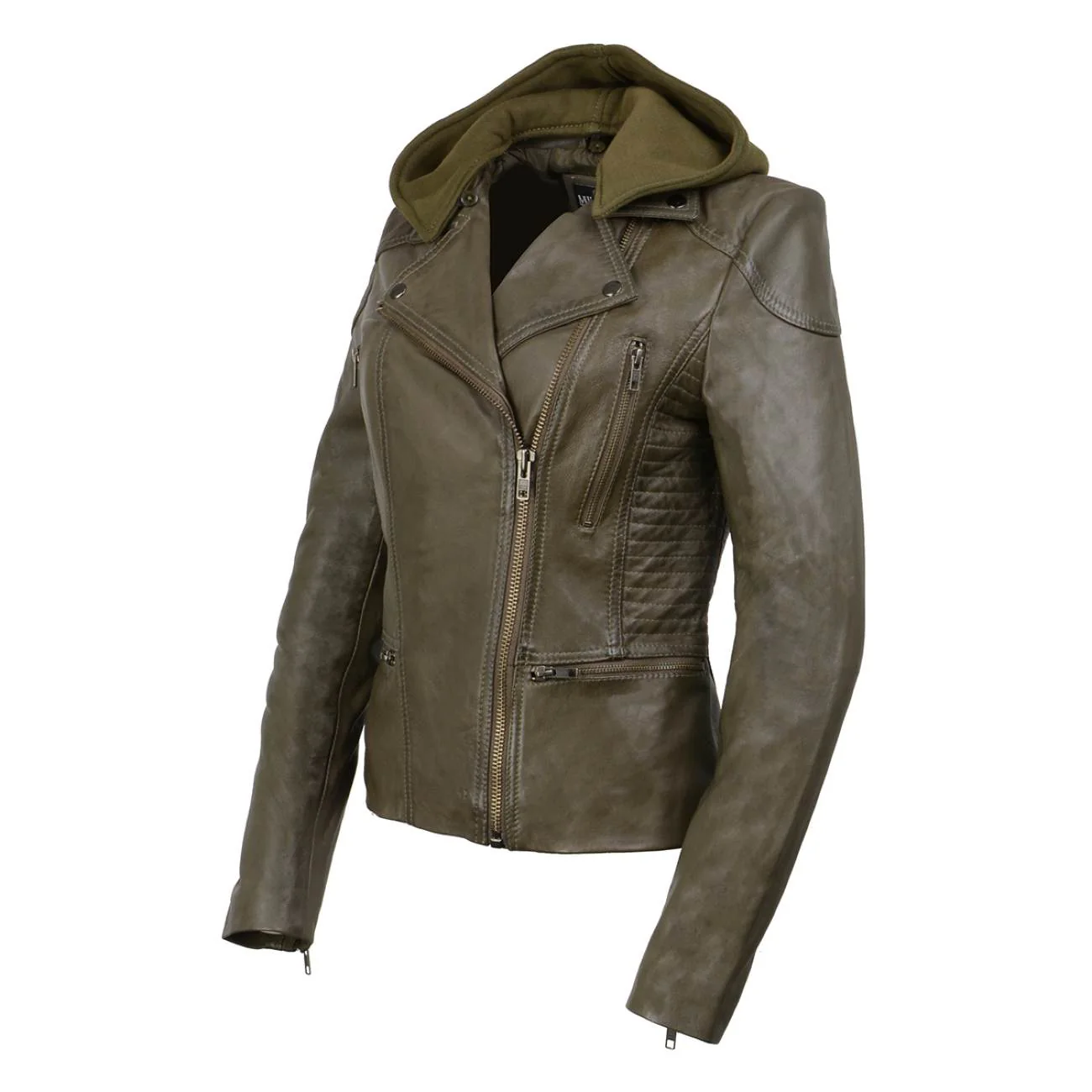 Milwaukee Leather SFL2815 Womens Olive Motorcycle Style Leather Jacket with Hoodie and Asymmetrical Zipper - Image 8