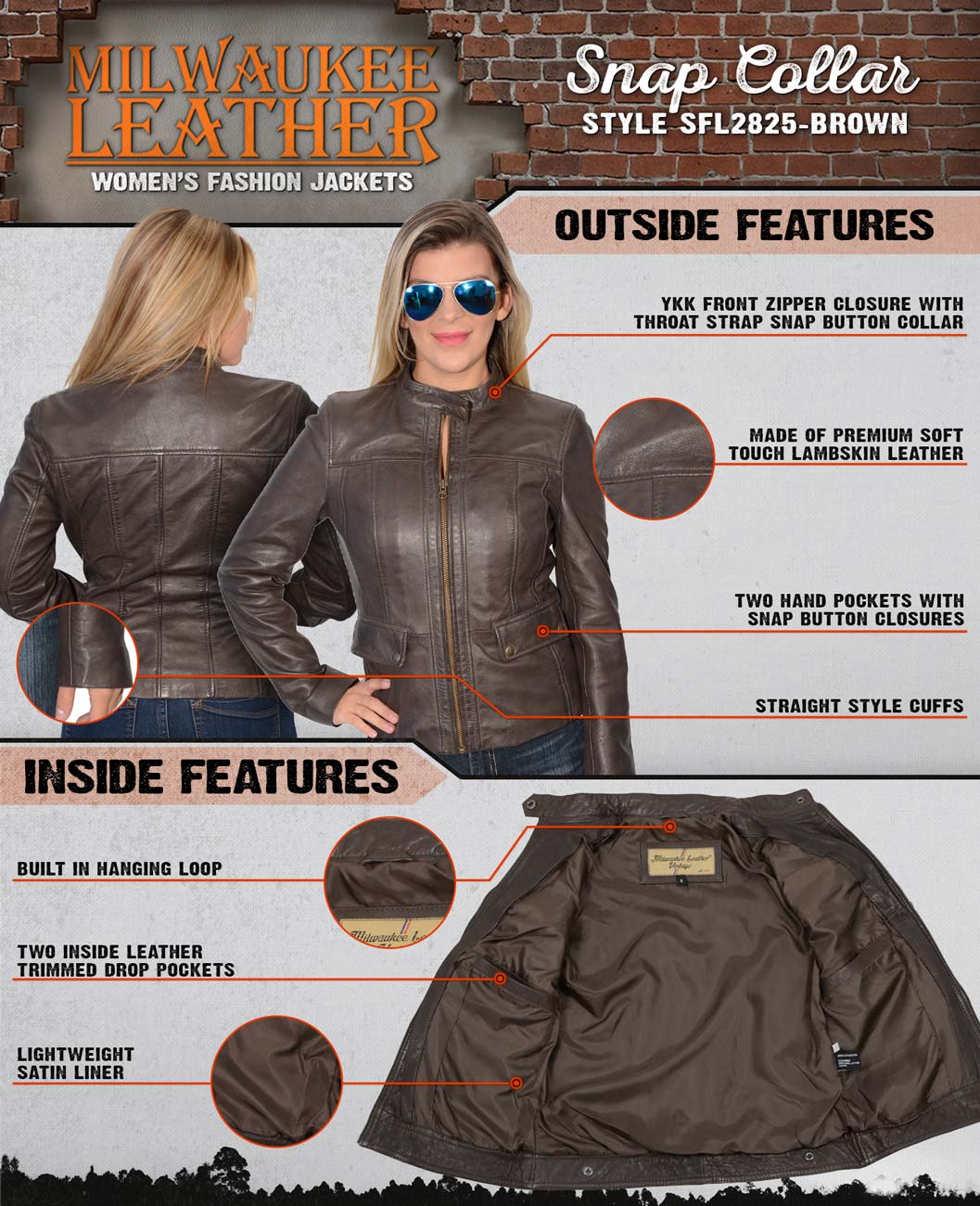 Milwaukee Leather SFL2825 Women's Snap Collar Brown Lambskin Leather Jacket - Image 2