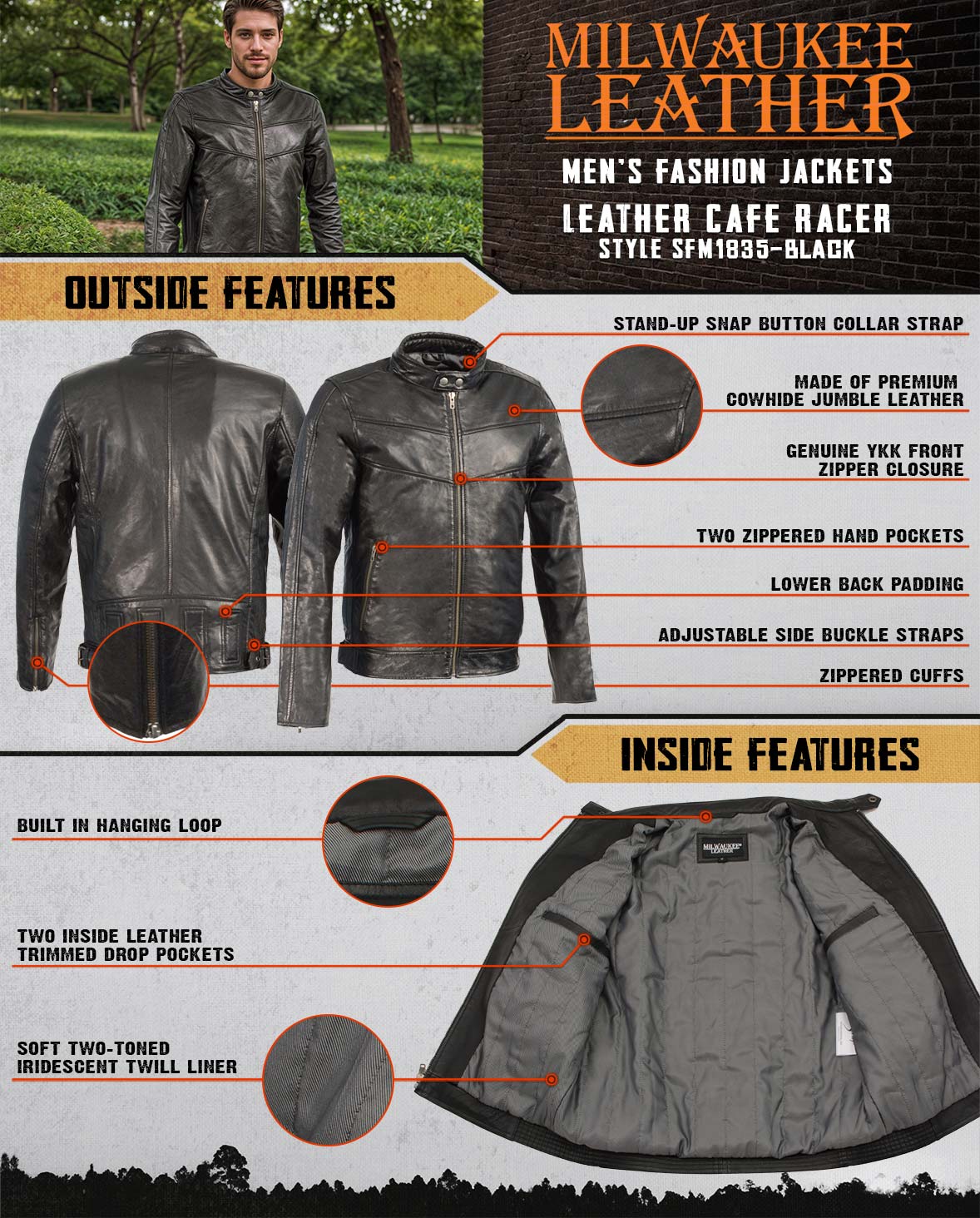 Milwaukee Leather Men's Black Cafe Racer Leather Jacket with Snap Button Collar SFM1835 - Image 2