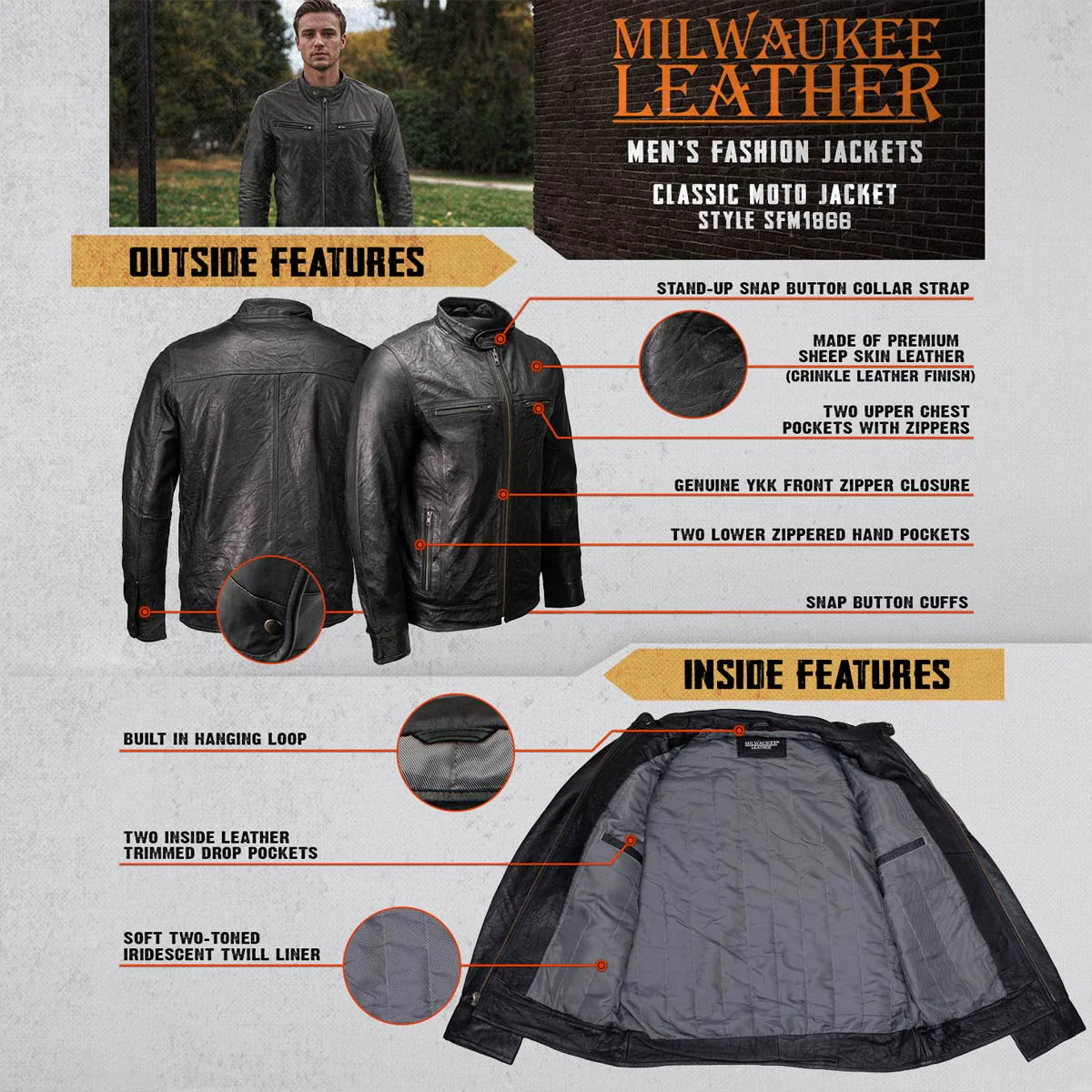 Milwaukee Leather SFM1866 Men's Classic Black Premium Leather Motorcycle Style Jacket with Zipper Front - Image 2