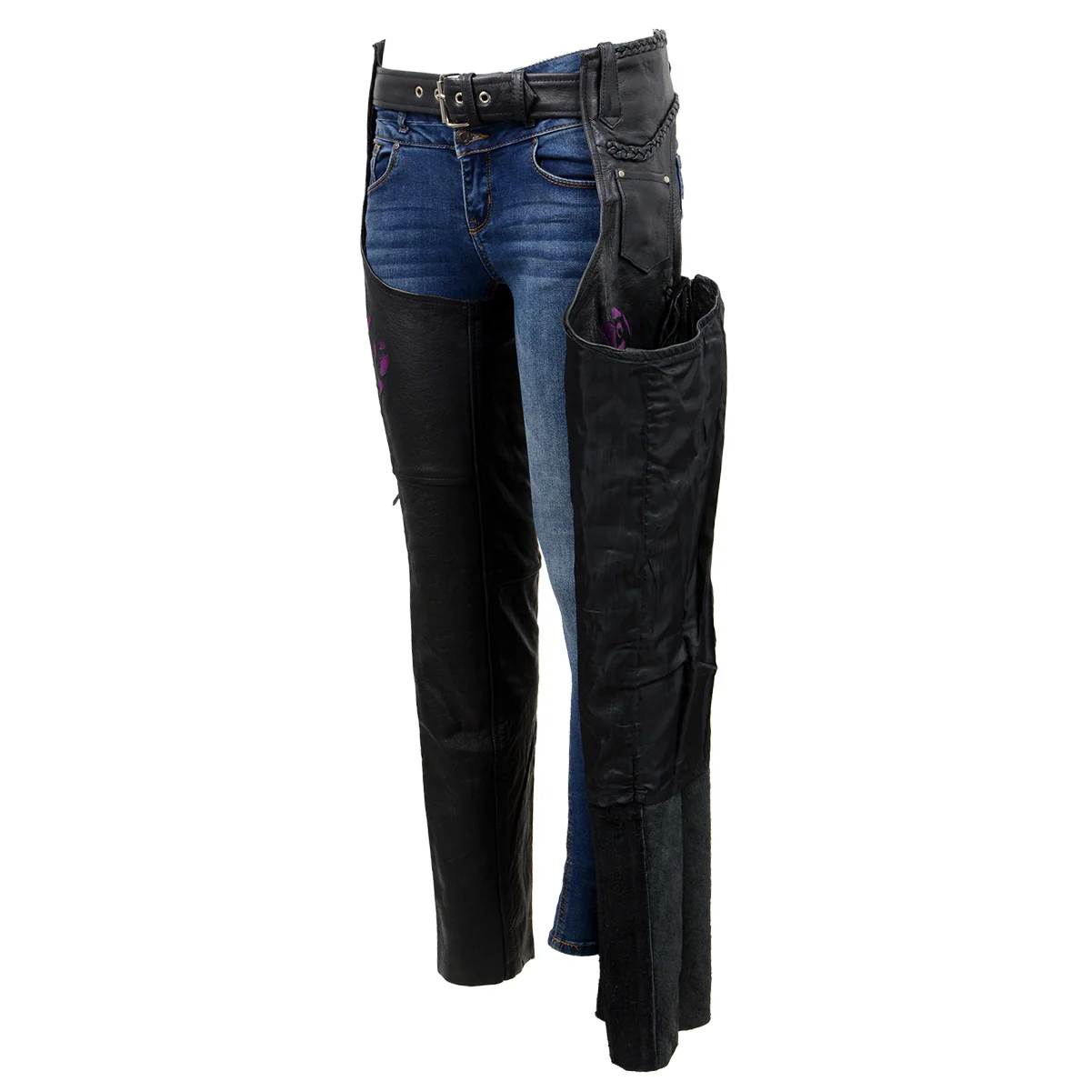 Milwaukee Leather SH1116 Women's Classic Braided & Fringed Black Leather Motorcycle Chaps w/ Purple Rose Embroidery - Image 3