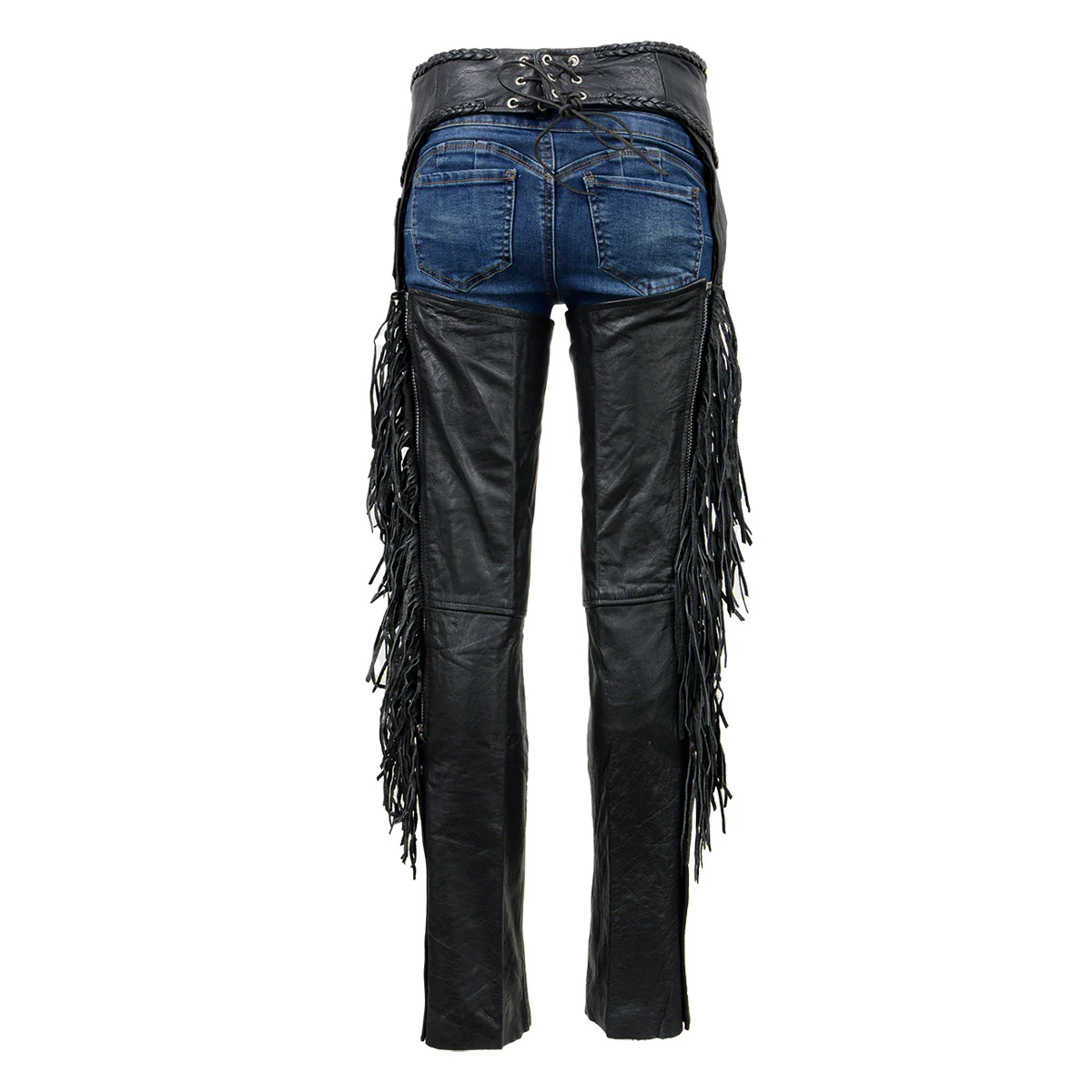 Milwaukee Leather SH1116 Women's Classic Braided & Fringed Black Leather Motorcycle Chaps w/ Purple Rose Embroidery - Image 4