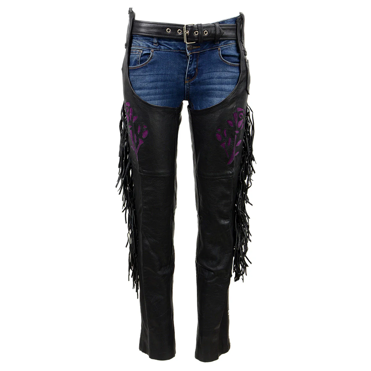 Milwaukee Leather SH1116 Women's Classic Braided & Fringed Black Leather Motorcycle Chaps w/ Purple Rose Embroidery - Image 5