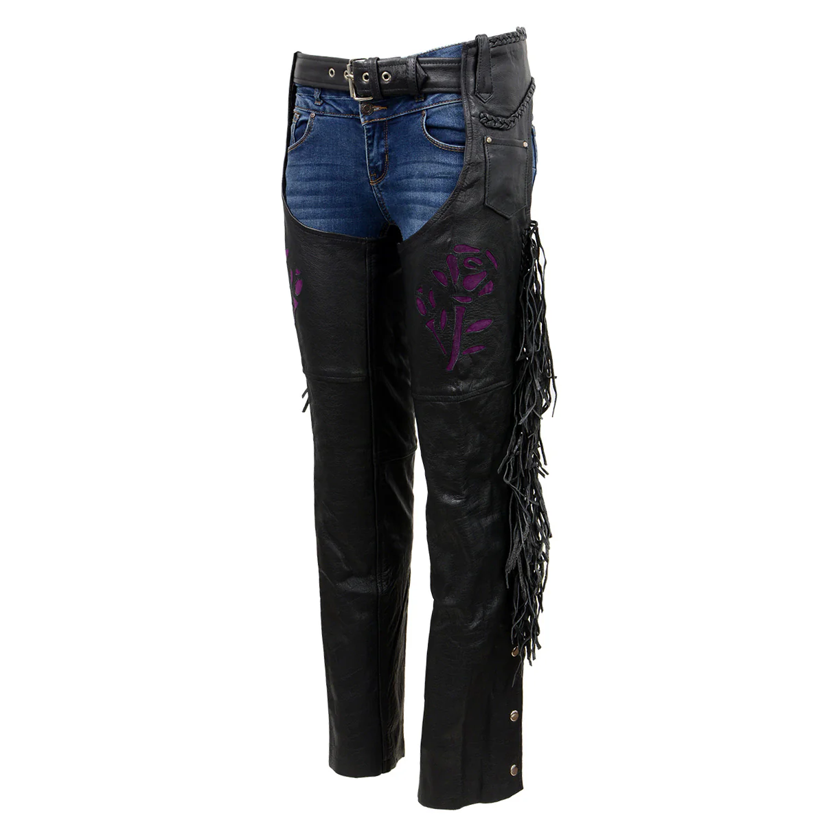 Milwaukee Leather SH1116 Women's Classic Braided & Fringed Black Leather Motorcycle Chaps w/ Purple Rose Embroidery - Image 6