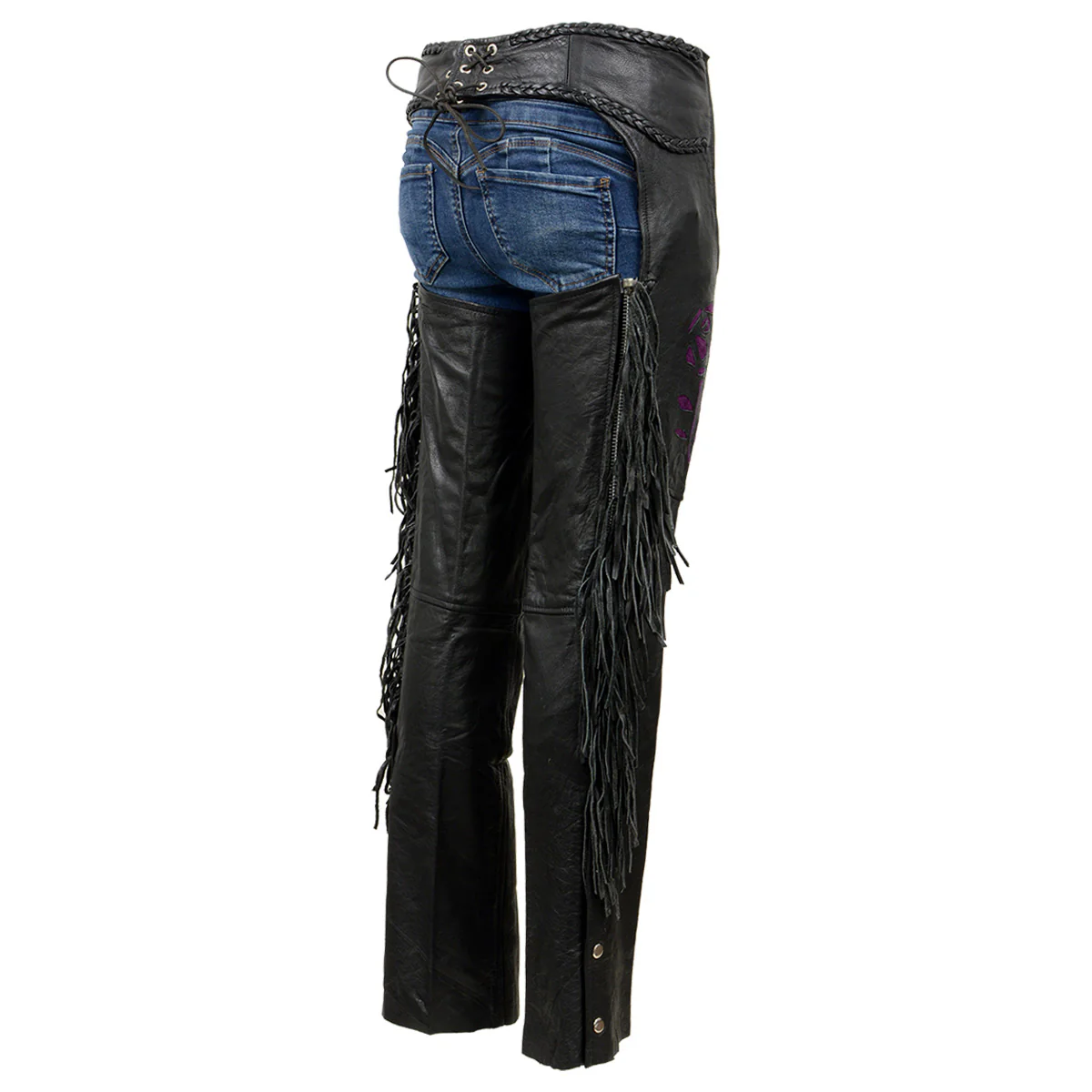 Milwaukee Leather SH1116 Women's Classic Braided & Fringed Black Leather Motorcycle Chaps w/ Purple Rose Embroidery - Image 7